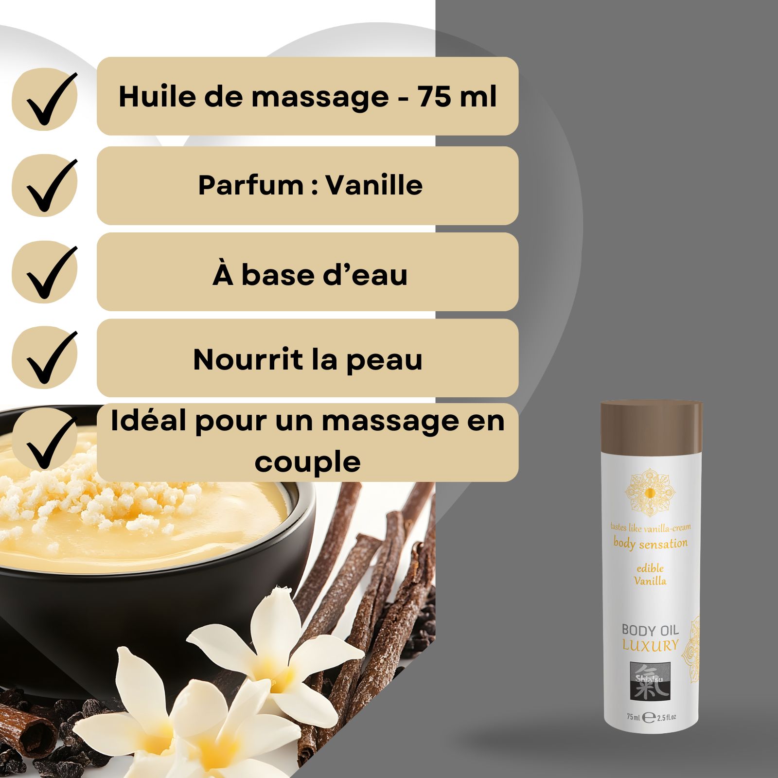 Huile de massage Shiatsu Vanille : à base d'eau, nourrit la peau.
