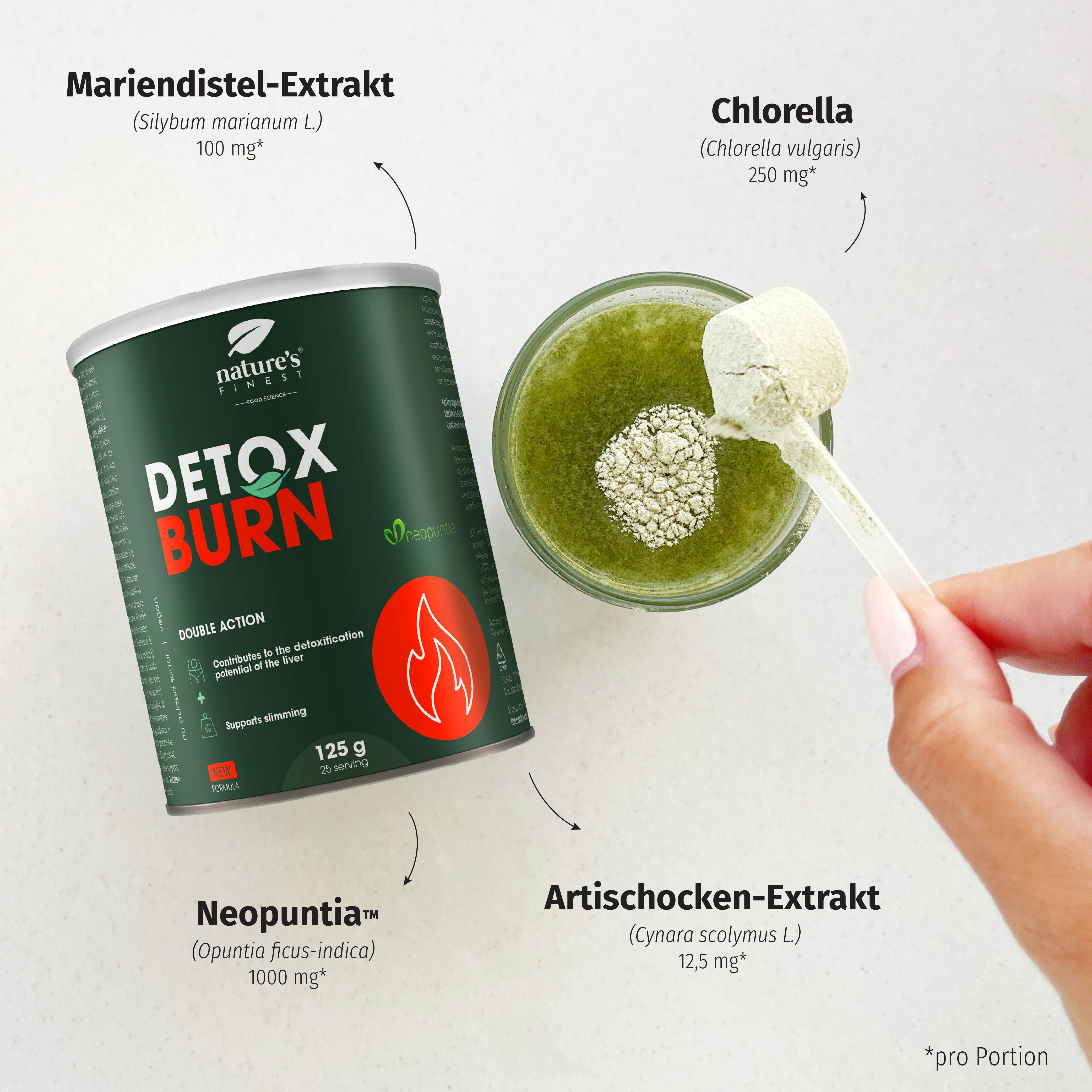 Groene pot 'Detox Burn' met 125g. Met ingrediënten en bereiding.