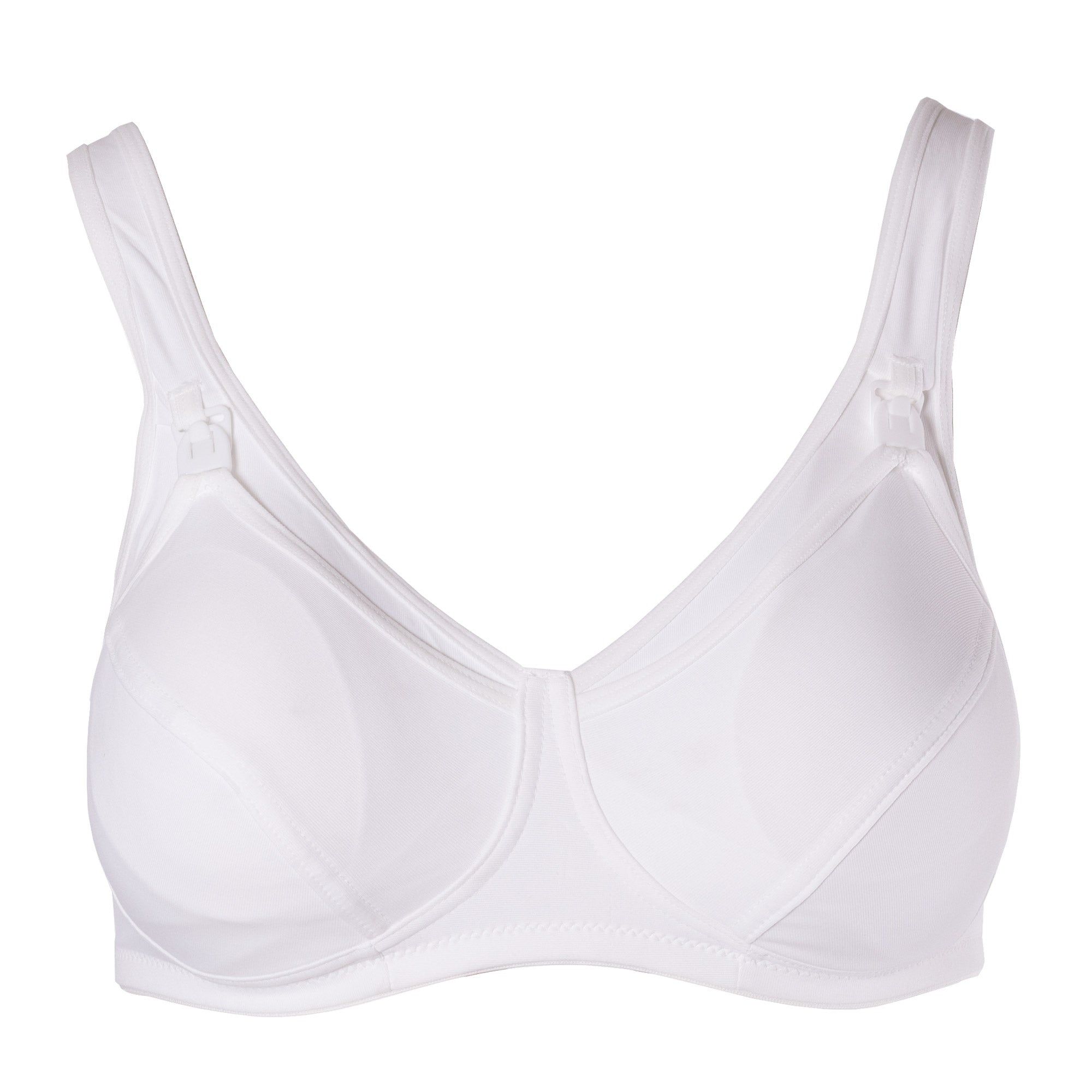Soutien-gorge blanc avec larges bretelles et bonnets. Conception de bonnet en fibre creuse. Vue de face.