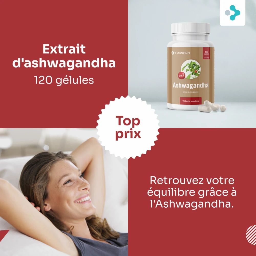 Flacon de produit et femme. Texte : Extrait d'ashwagandha, 120 gélules. Top prix. Femme détendue.