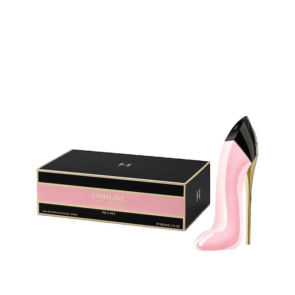 Roze high heel flacon en zwarte doos met roze band. Op de doos staat "Good Girl Blush".