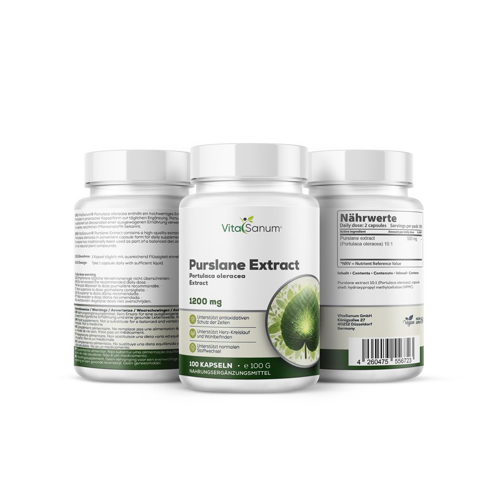 Drie witte flessen met VitaSanum®-label. Opschrift: Purslane Extract, 1200 mg. Afbeelding van Portulaca oleracea. 100 capsules.