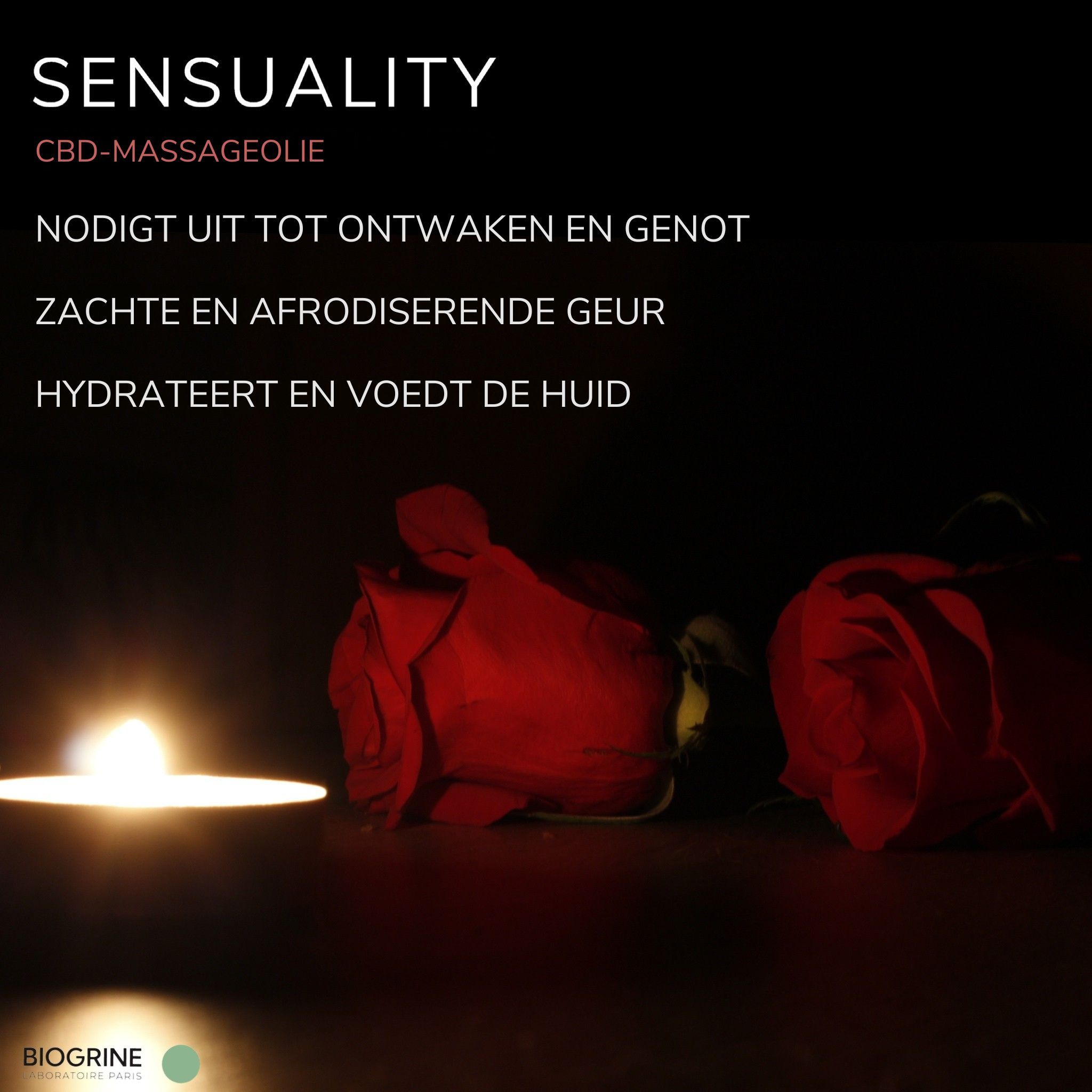 Twee rode rozen en een kaars. Tekst over het product. Merk BIOGRINE.