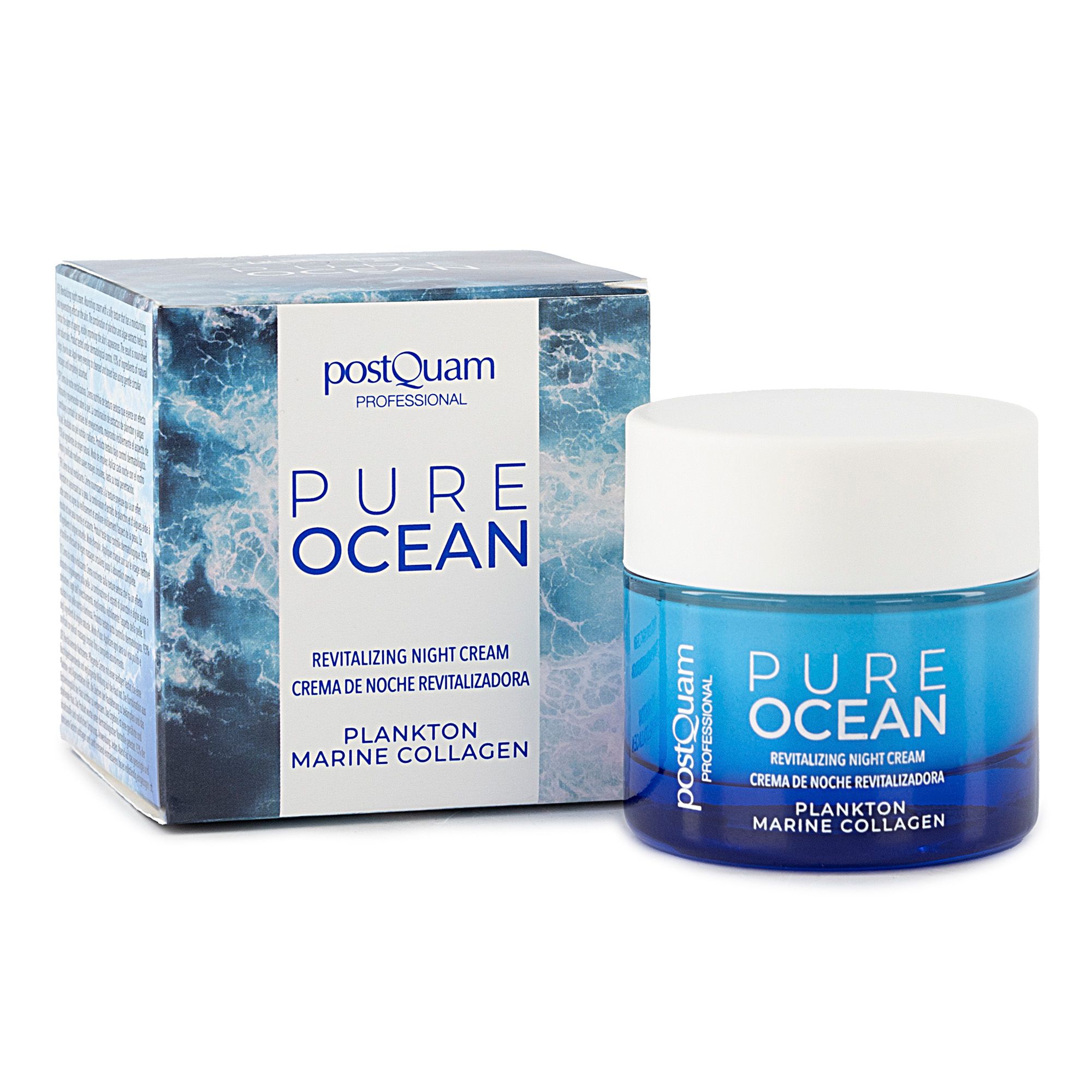 Crème de nuit PostQuam, boîte et pot bleus. Inscription : Pure Ocean, Revitalizing Night Cream, Plankton Marine Collagen.