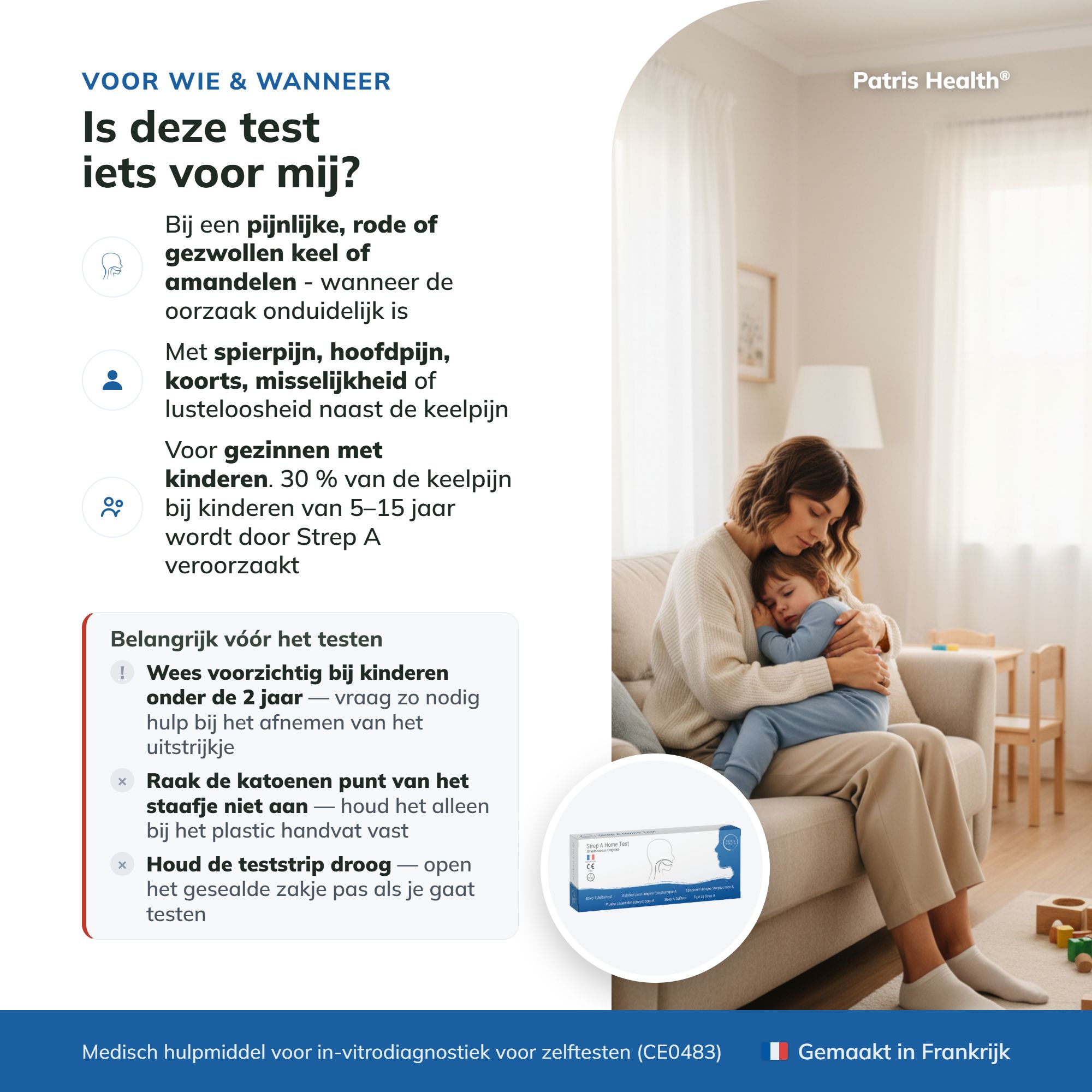 Nederlandse pagina met de inhoud van de Strep A sneltestkit van Patris Health.