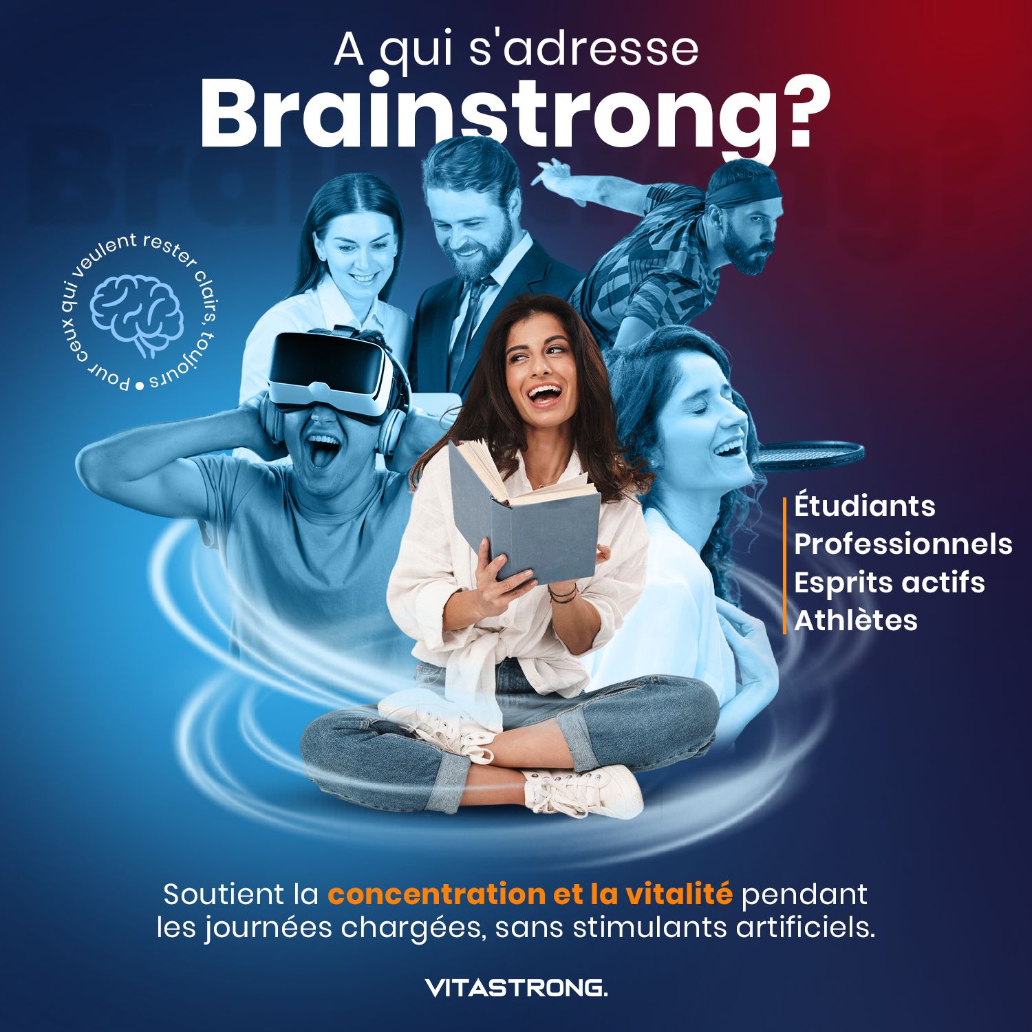 Vitastrong-advertentie. Mensen met Brainstrong. Tekst: Concentratie en vitaliteit. Studenten, professionals, sporters. Zonder kunstmatige stimulanten.