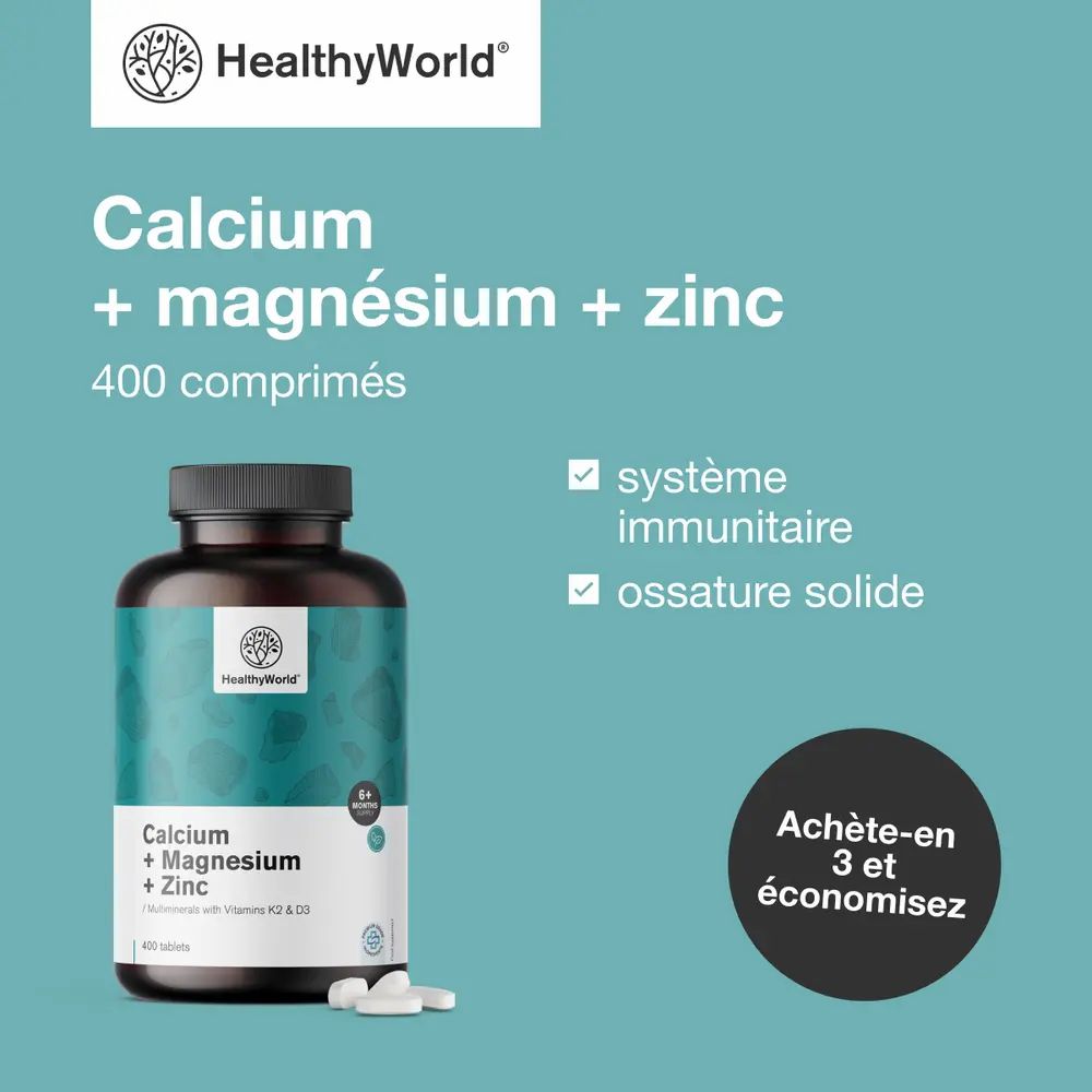 Flacon de comprimés. Texte: Calcium + Magnésium + Zinc, 400 comprimés. Symboles: système immunitaire, os solides.
