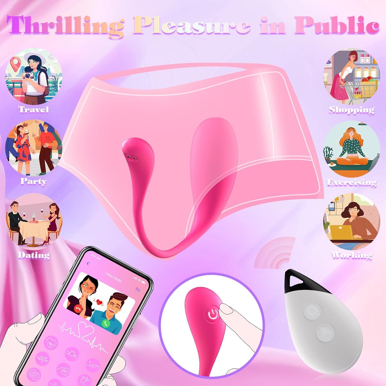 Roze vibrator in ondergoed, met app-weergave en afstandsbediening.