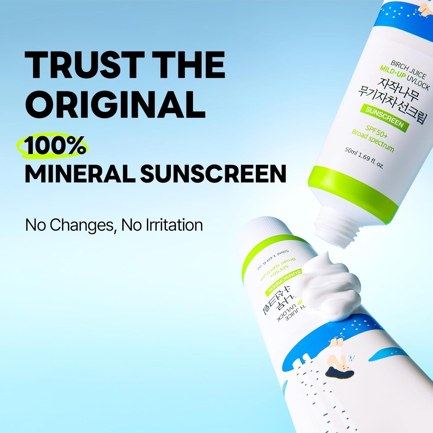 Deux tubes, un avec crème. Texte: 100% Mineral Sunscreen. Pas de changements, pas d'irritation.