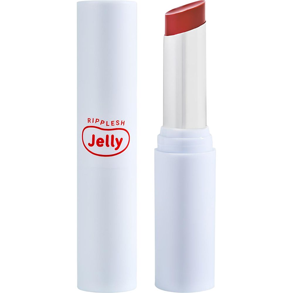 Stick de baume à lèvres blanc avec logo Jelly rouge. Le baume est rouge.