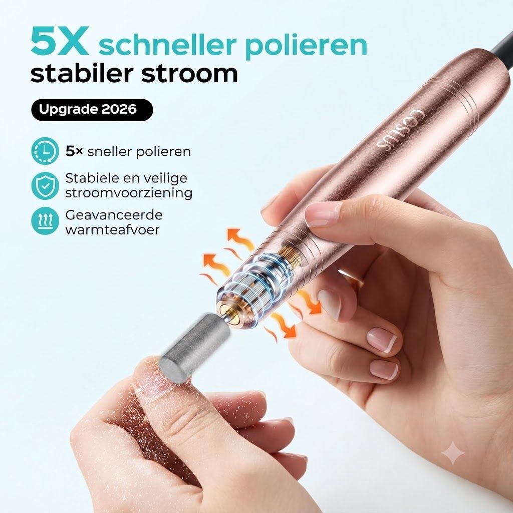 Roségouden nagelfrees met zilveren bit, gebruikt op een vingernagel. "5x sneller poleren" staat linksboven.