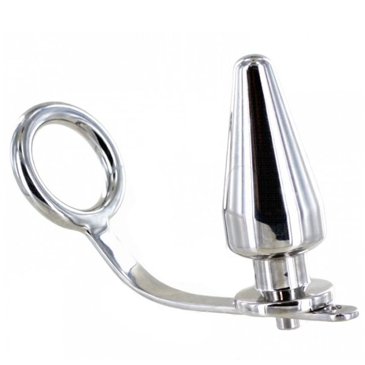 Plug anal en métal argenté. Forme conique, avec base et anneau de maintien.