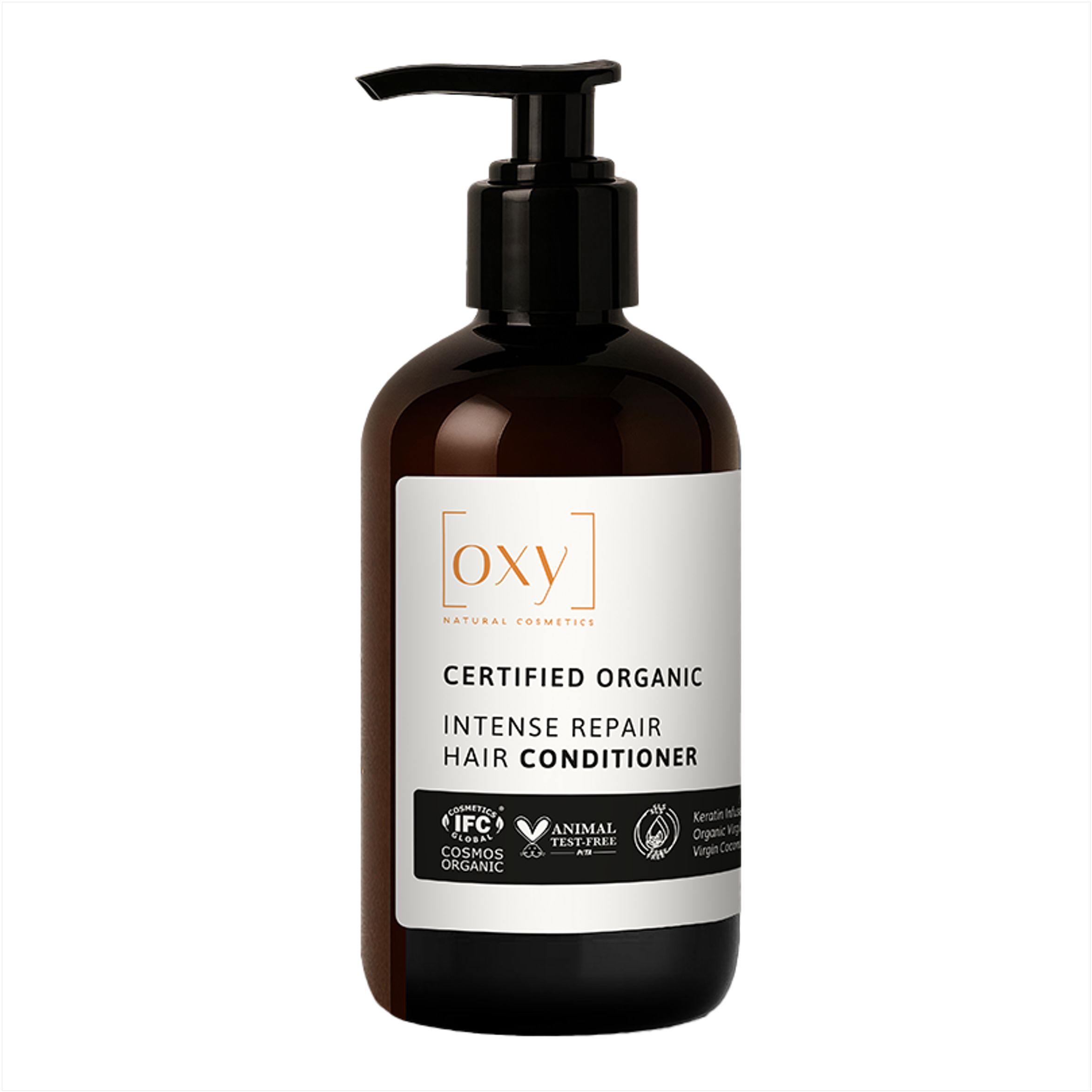 Flacon brun avec pompe noire. Inscription: INTENSE REPAIR HAIR CONDITIONER. Produit biologique certifié.