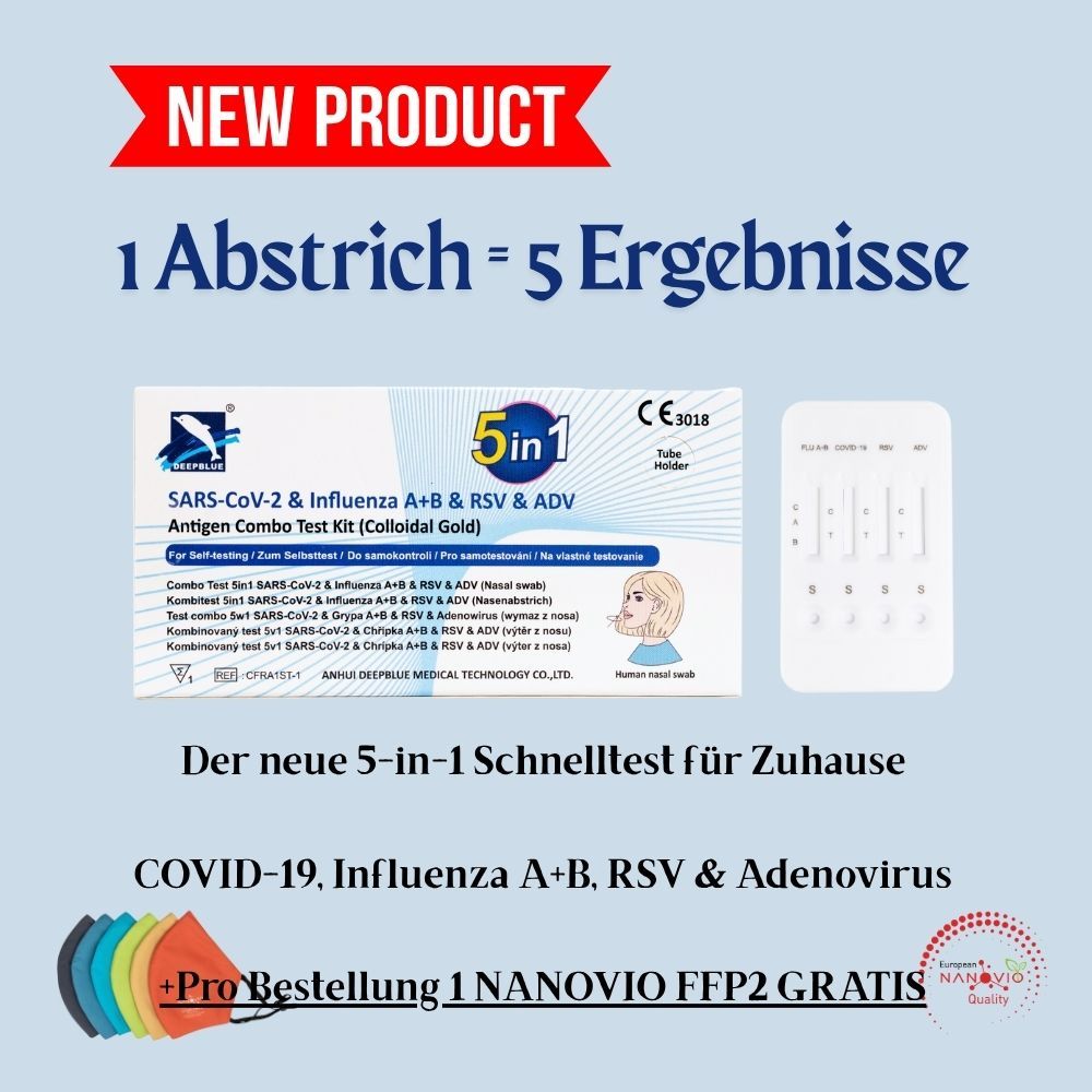 DeepBlue 5-in-1 sneltest COVID-19, griep A/B, RSV, adenovirus + GRATIS FFP2-masker