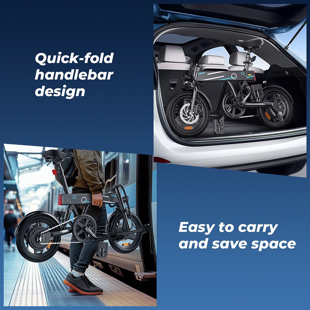 Vélo électrique plié dans le coffre. Personne portant le vélo électrique plié. Conception peu encombrante.