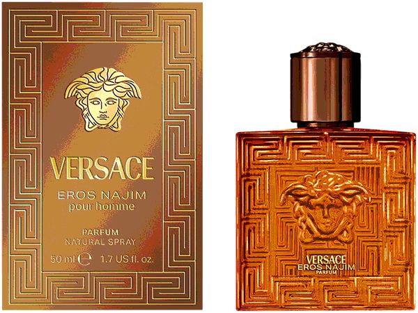 Flacon de parfum et emballage. Verre doré avec motif en relief et logo. Emballage avec logo et texte.