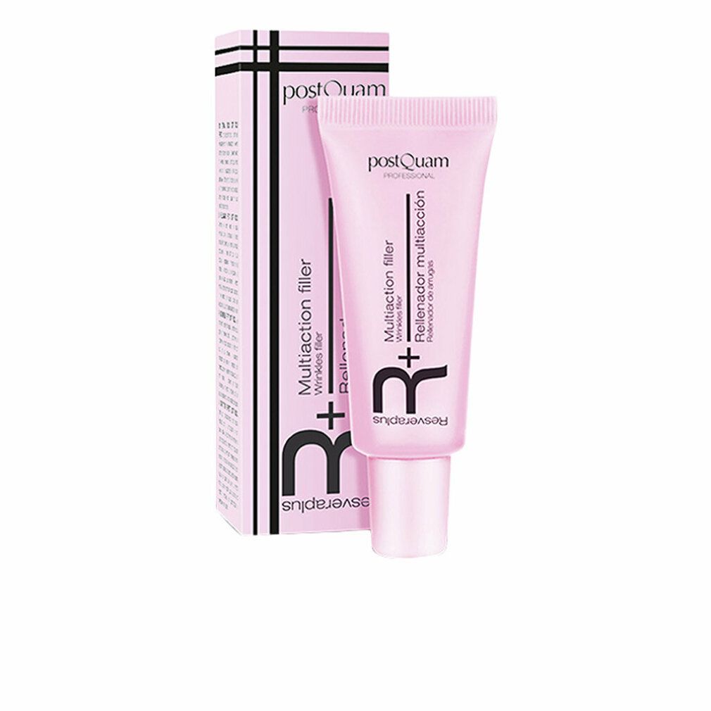 Roze tube met verpakking. Opschrift: Postquam Resveraplus Multiaction filler. Rimpelvuller.