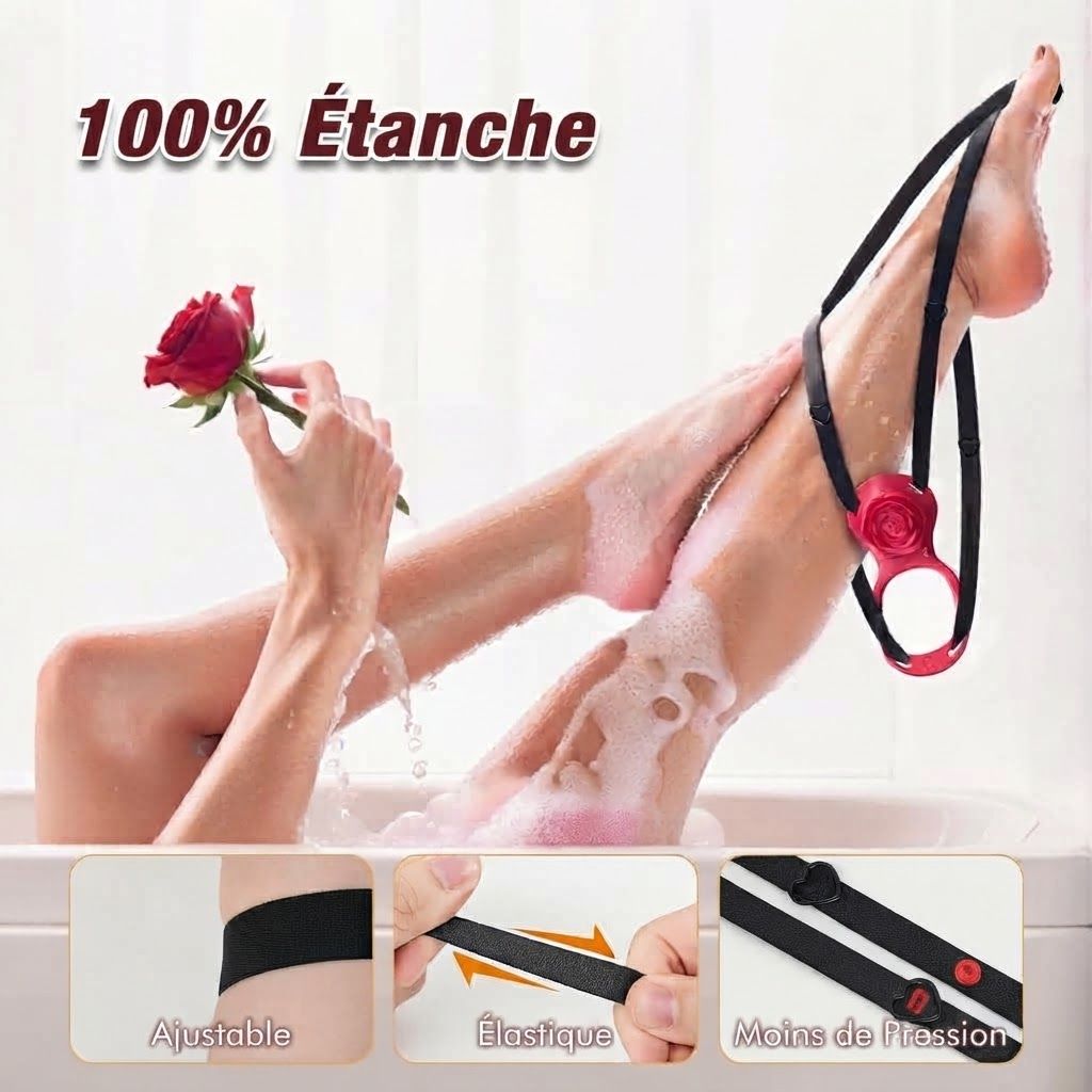 Bande noire avec application de rose rouge drapée autour de la jambe d'une personne dans une baignoire.