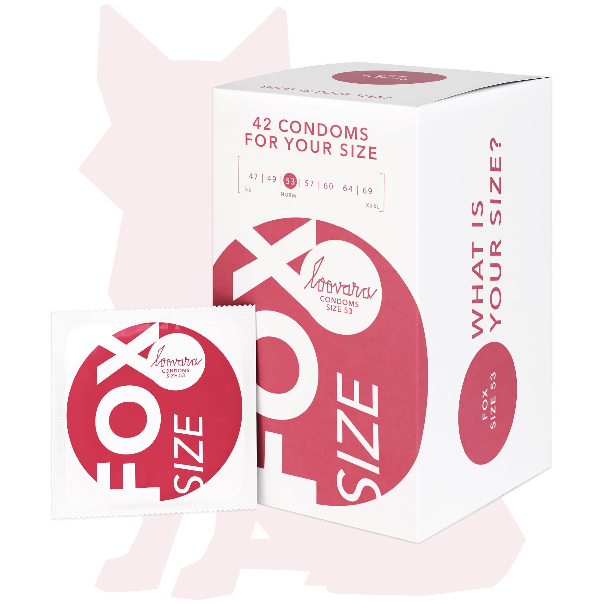 Boîte de 42 préservatifs Loovara, taille 53. Emballage individuel à côté.