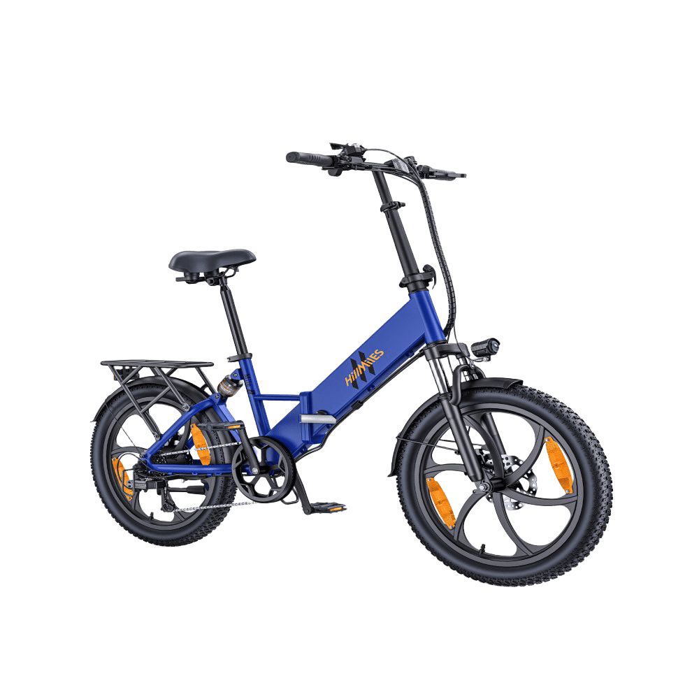 Vélo électrique bleu avec pneus noirs, porte-bagages. Marque HillMiles.