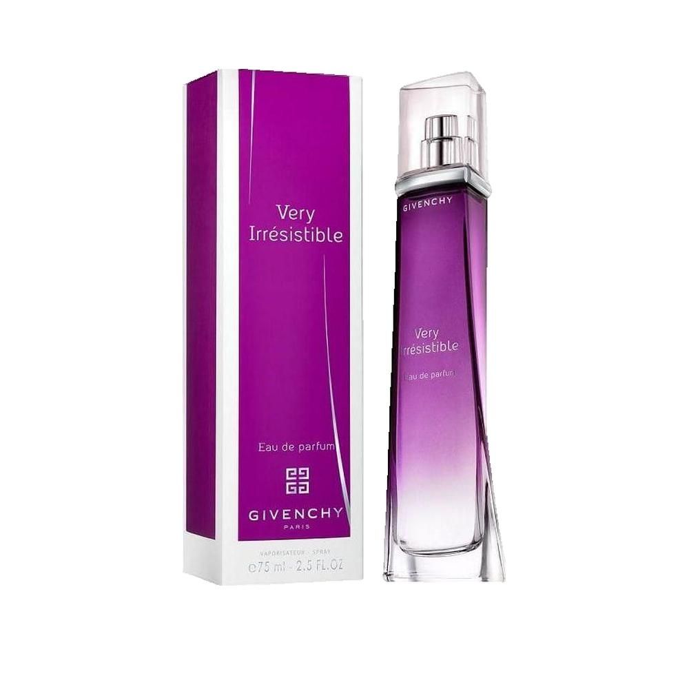 Givenchy Very Irresistible Parfum élégant pour femmes. Flacon et boîte violets et blancs. Inscription : Very Irrésistible, Eau de Parfum.