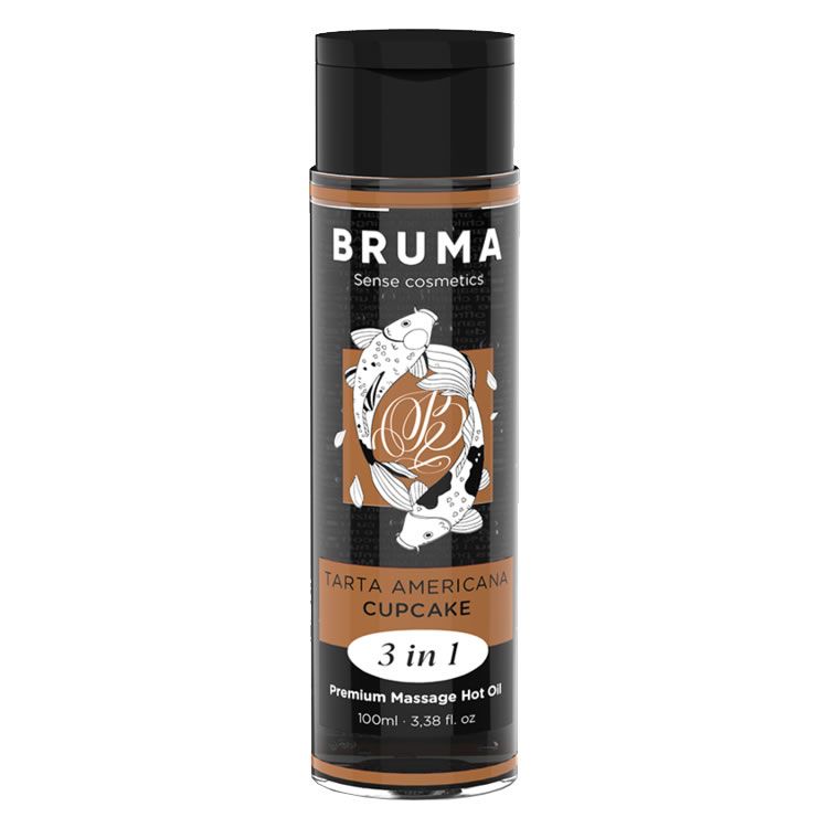BRUMA 3 in 1 Premium Massage Hot Oil fles met etiket en zwarte dop.