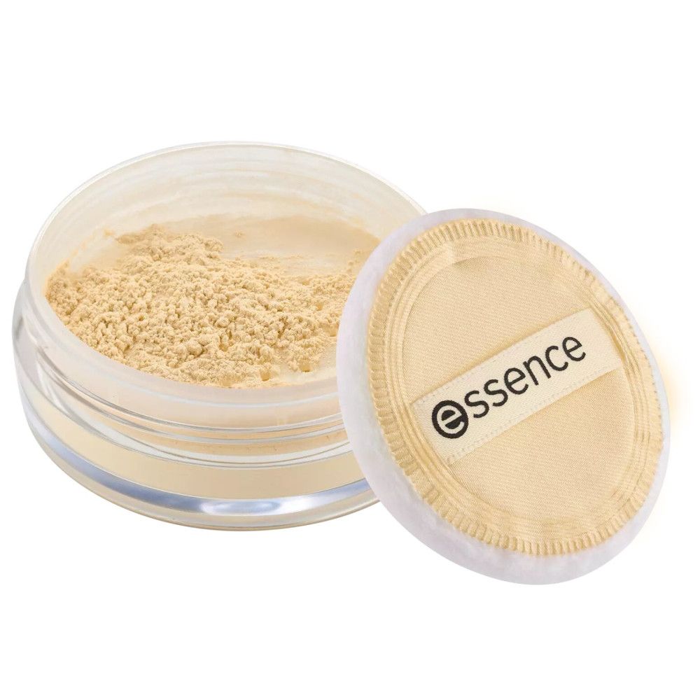 Poudre libre beige dans un récipient transparent avec couvercle et éponge. L'éponge porte le nom de la marque "essence".