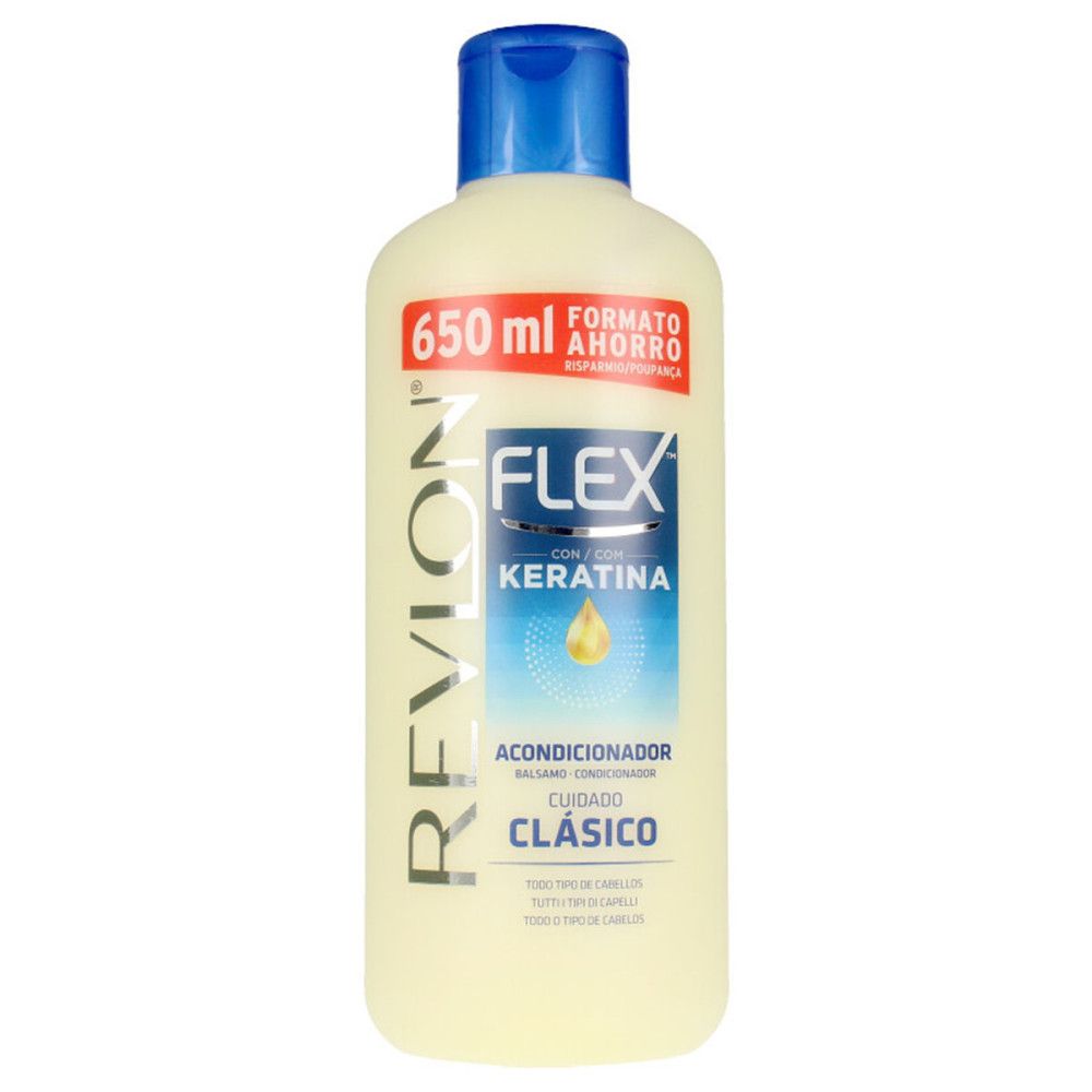 Flacon beige à bouchon bleu. Inscriptions: Revlon, Flex Keratin, Acondicionador, Cuidado Clásico. 650 ml.