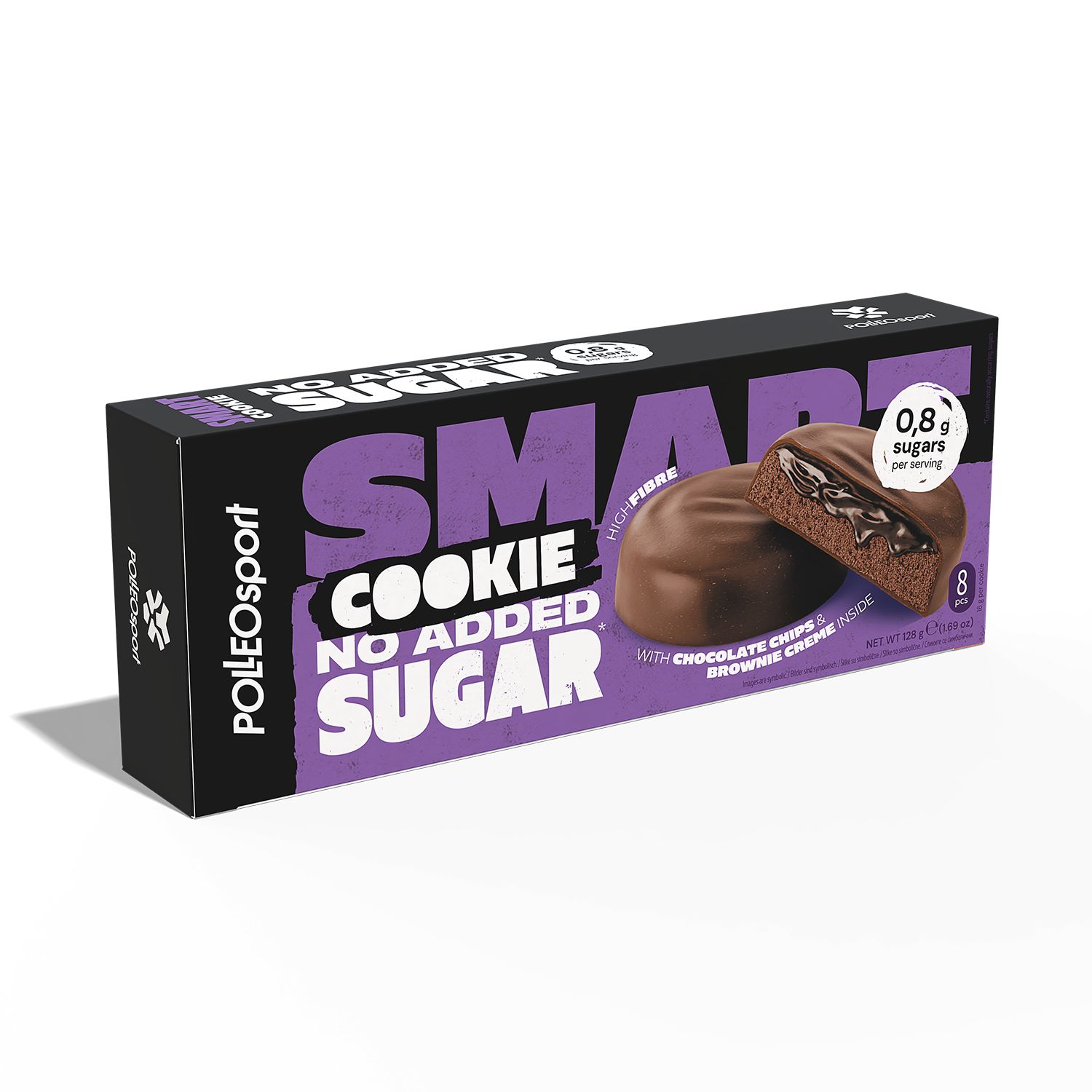 Verpakking Polleo Smart Cookie, zonder toegevoegde suikers, met chocoladestukjes en browniecrèmevulling.