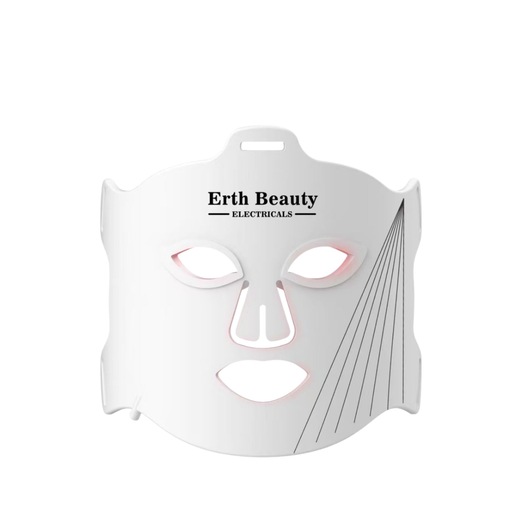 Masque facial blanc avec ouvertures pour les yeux, le nez et la bouche. Logo Erth Beauty. Lignes noires sur le côté droit.