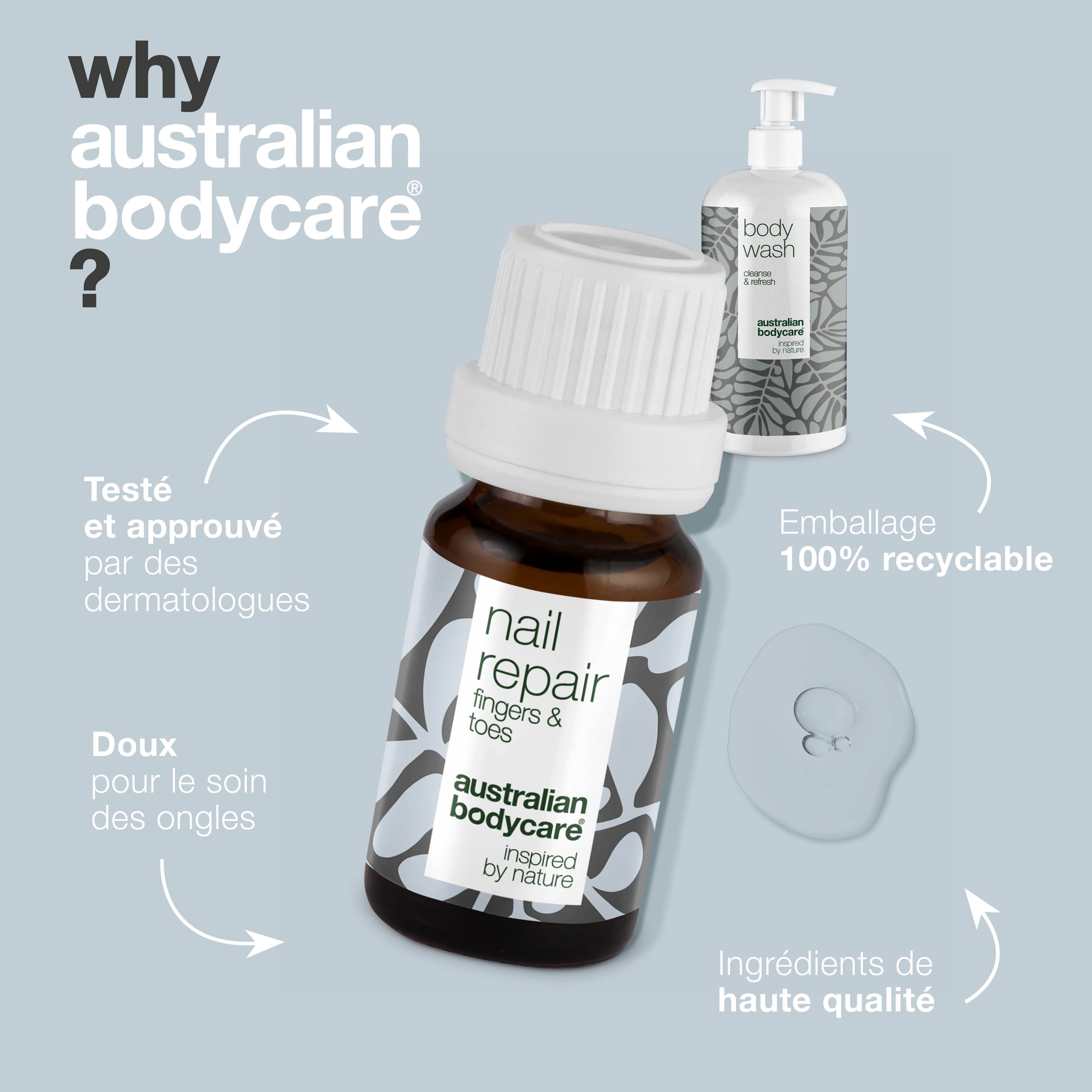 Huile pour les ongles et gel douche. Inscription : Australian Bodycare. Avantages : testé, ingrédients de qualité, doux.