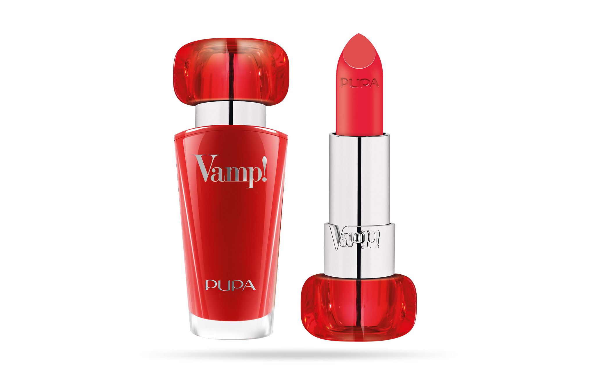 Rode lipstick en fles. Fles met opschrift Vamp! en PUPA. Lipstick met opschrift PUPA en Vamp!.