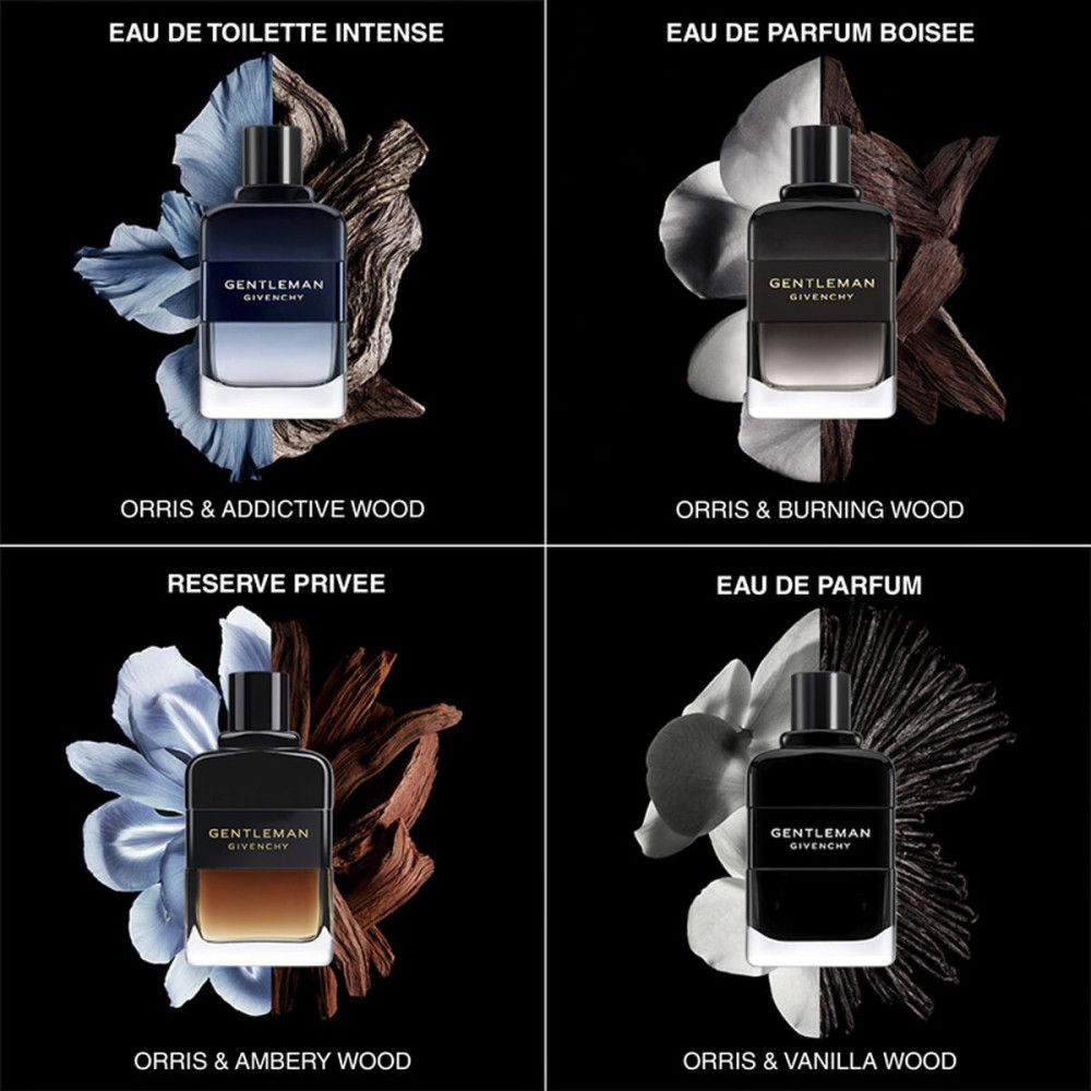 Verschillende Givenchy Gentleman Eau de Toilette Intense flacons. Zwarte flacons met witte letters, omringd door bloemen en hout.