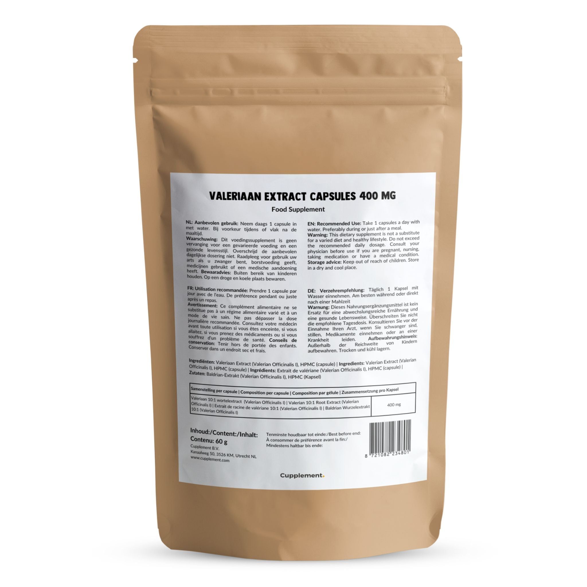 Sachet de gélules d'extrait de valériane 400 mg. Inscription : Valerian Extract Capsules 400 mg. Food Supplement.