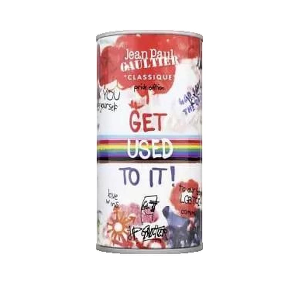Cilindrische doos met opdruk "Jean Paul Gaultier". Tekst: "GET USED TO IT!". Regenboogband. Graffiti-ontwerp. "Pride edition".