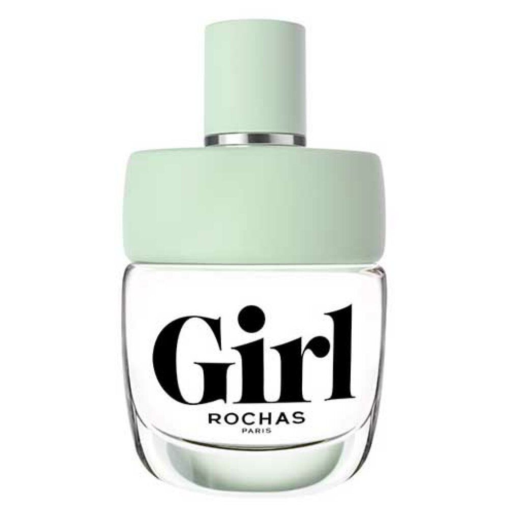Ronde glazen fles met lichtgroene dop. Opschrift "Girl" en "Rochas Paris". Fles met lichtgroene dop.