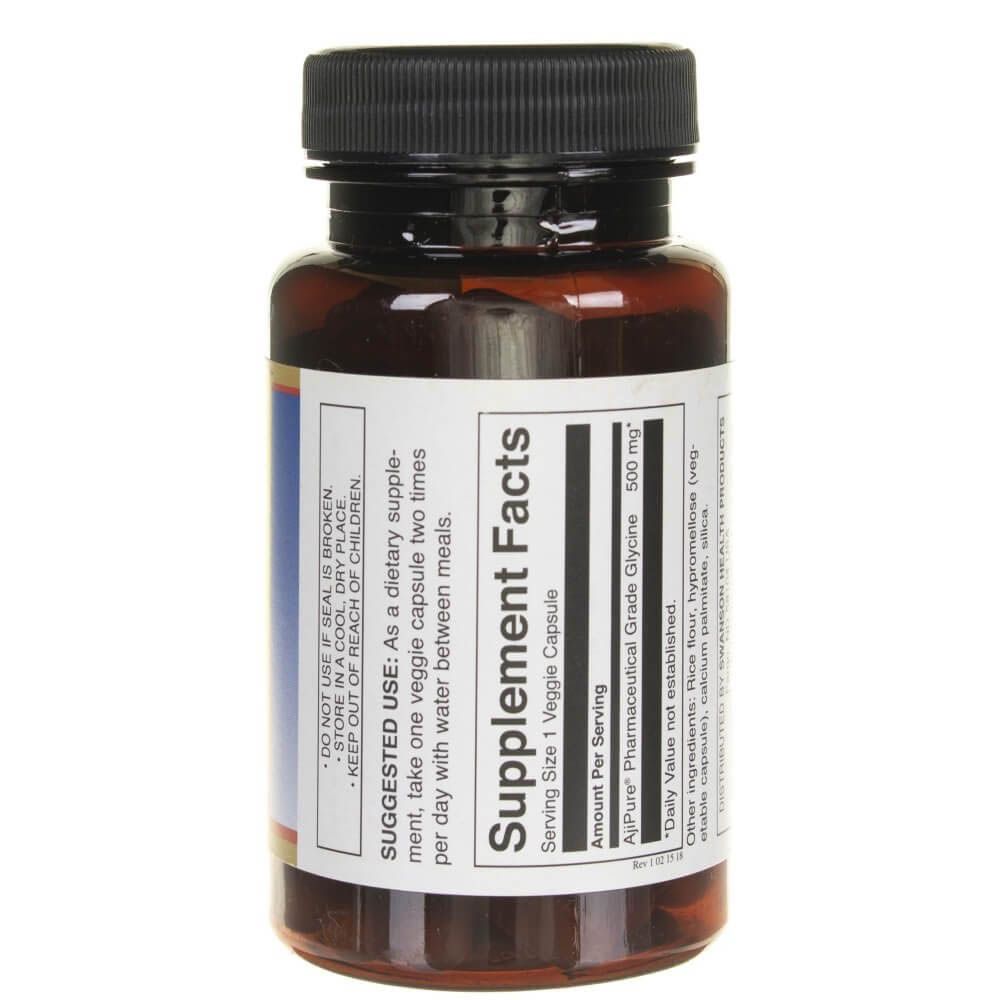 Arrière d'une bouteille de Glycine Swanson, avec informations nutritionnelles et instructions de dosage.