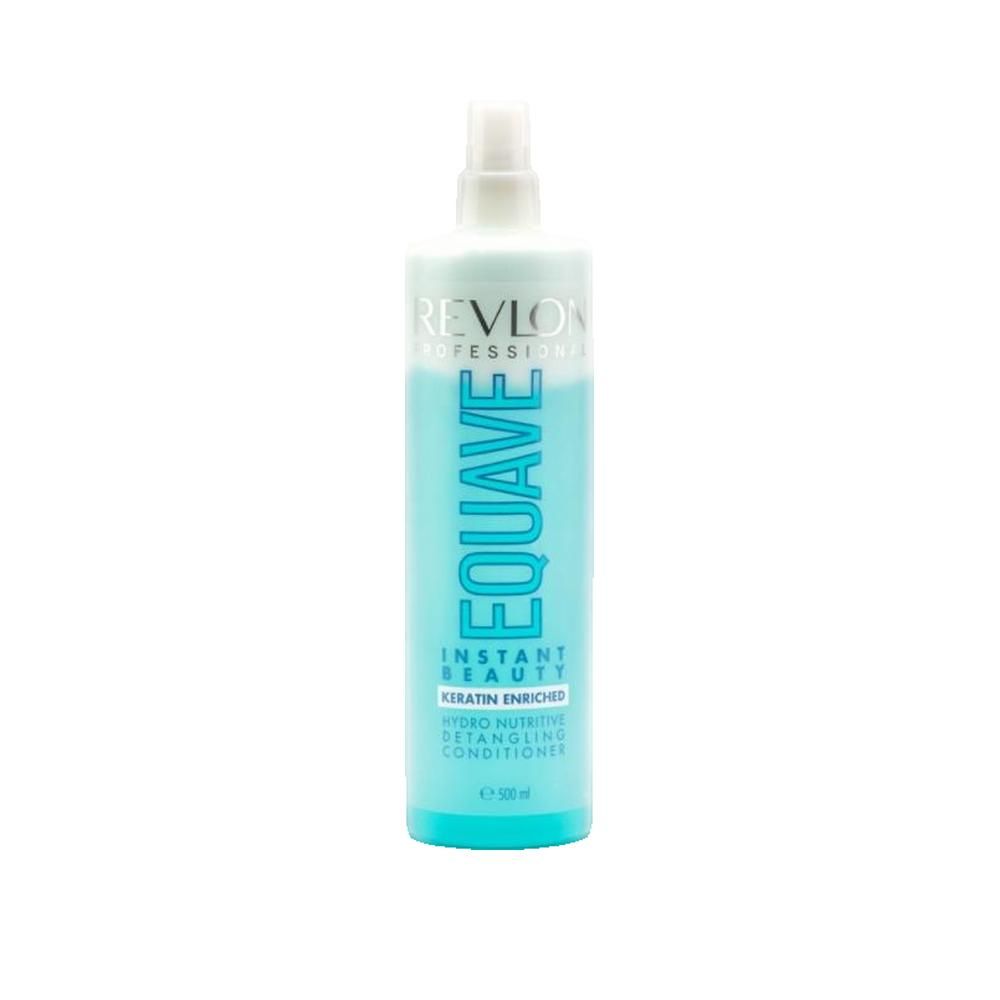Flacon bleu transparent avec vaporisateur. Inscription : Revlon Equave, Instant Beauty, Keratin Enriched, Hydro Nutritive Detangling Conditioner.