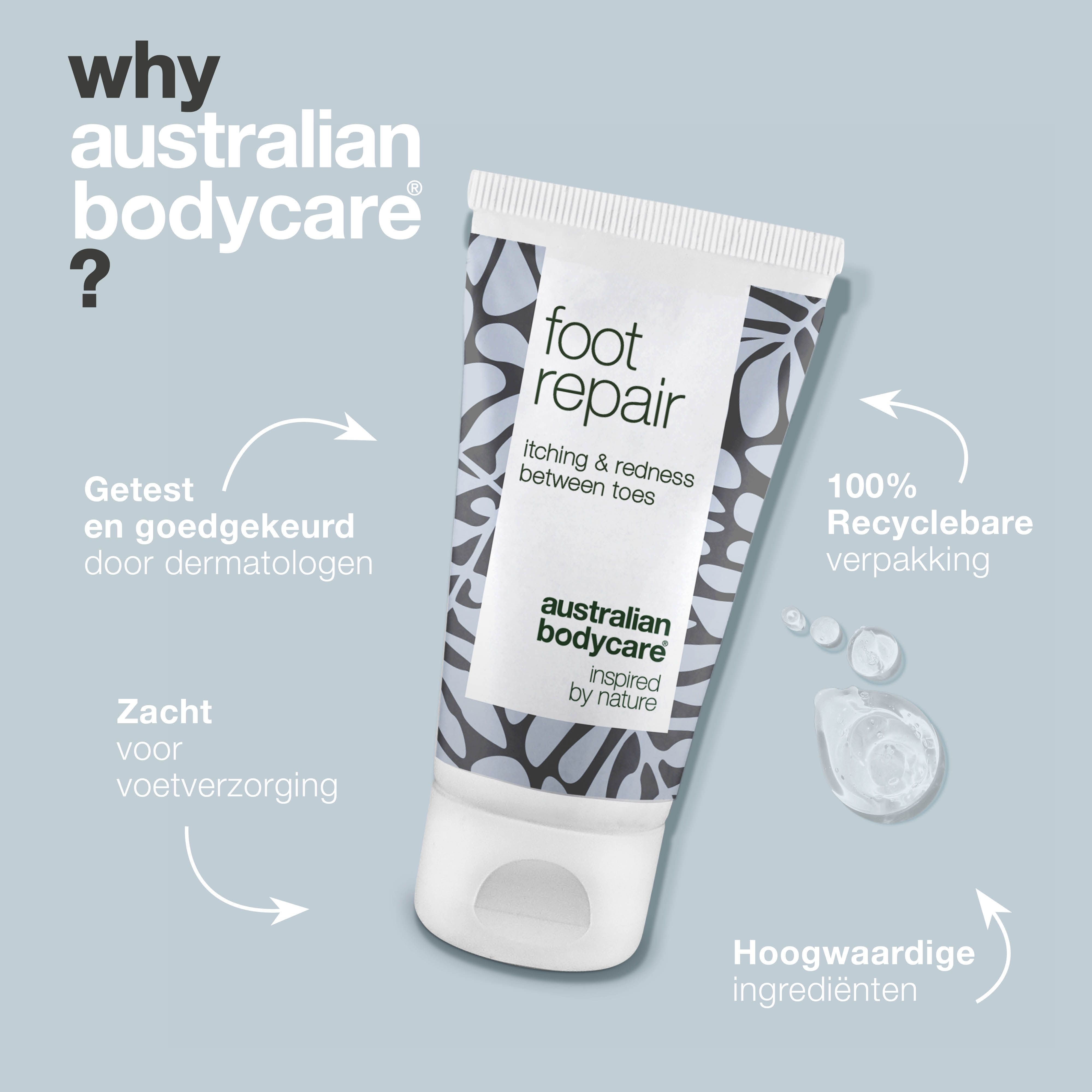 Voetverzorging tube: foot repair, itching & redness between toes, Australian Bodycare. Tekst: 100% recyclebare verpakking.