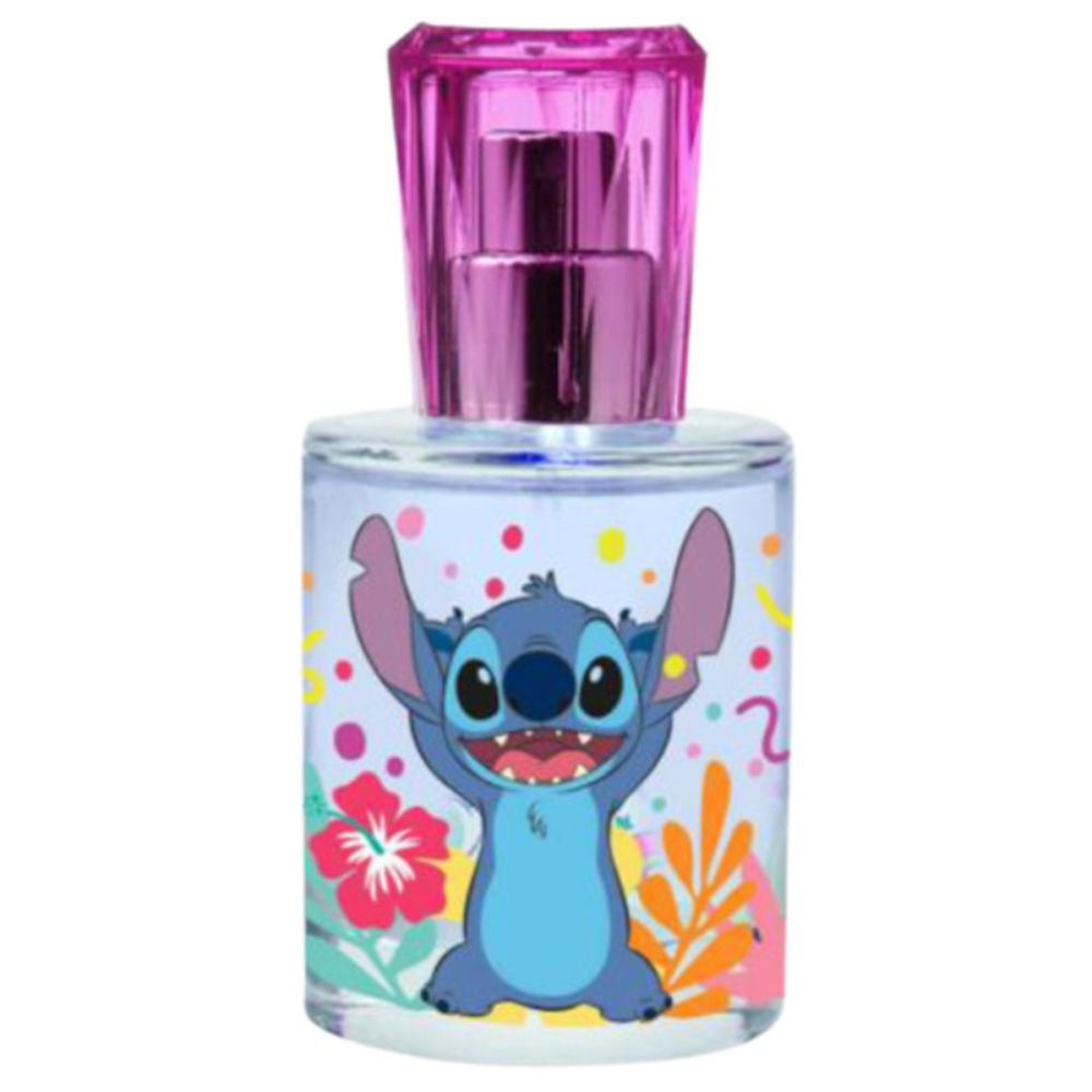 Flacon d'Eau de Toilette Stitch. Bouchon rose. Illustration Stitch avec fleurs et confettis.