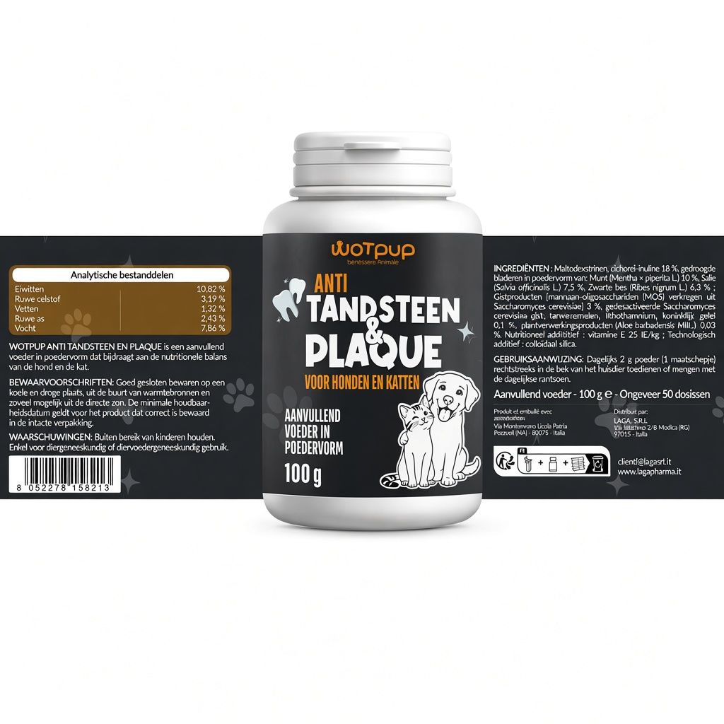 Wotpup Anti Tandsteen & Plaque poeder voor honden en katten, 100g.