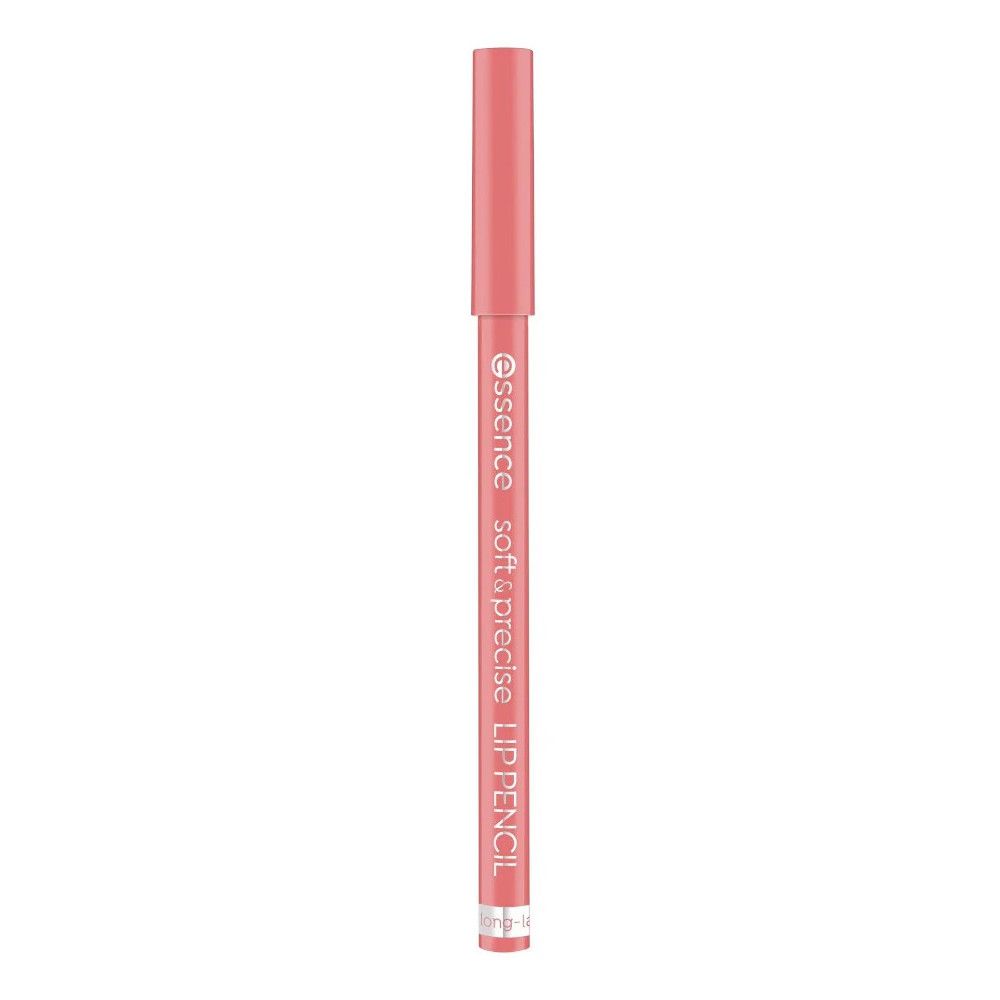 Roze lippotlood met dop. Opschrift: Essence, soft & precise LIP PENCIL. Dop en uiteinde identiek.
