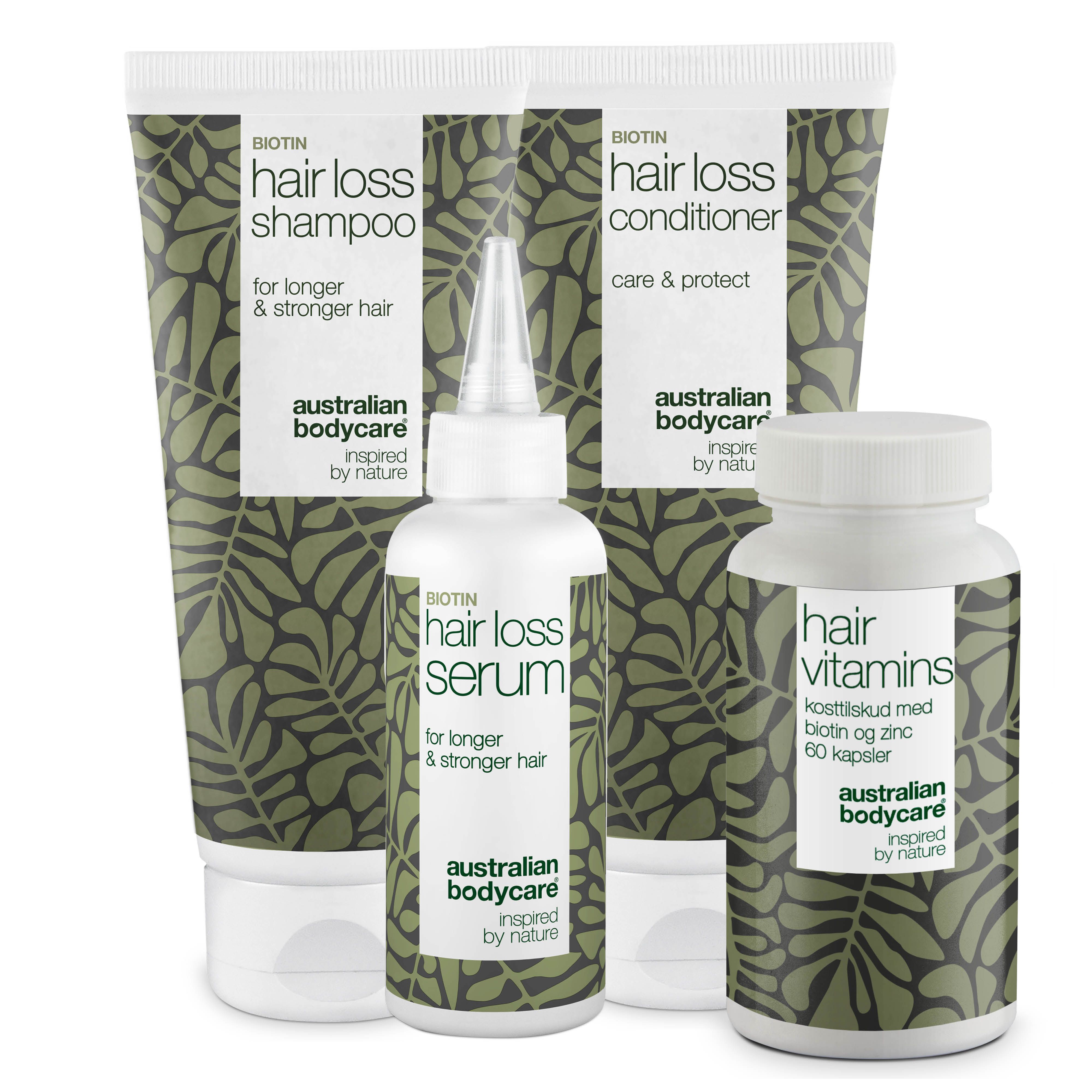 Quatre produits : shampooing, après-shampooing, sérum et comprimés. Tous avec motif de feuilles et texte.