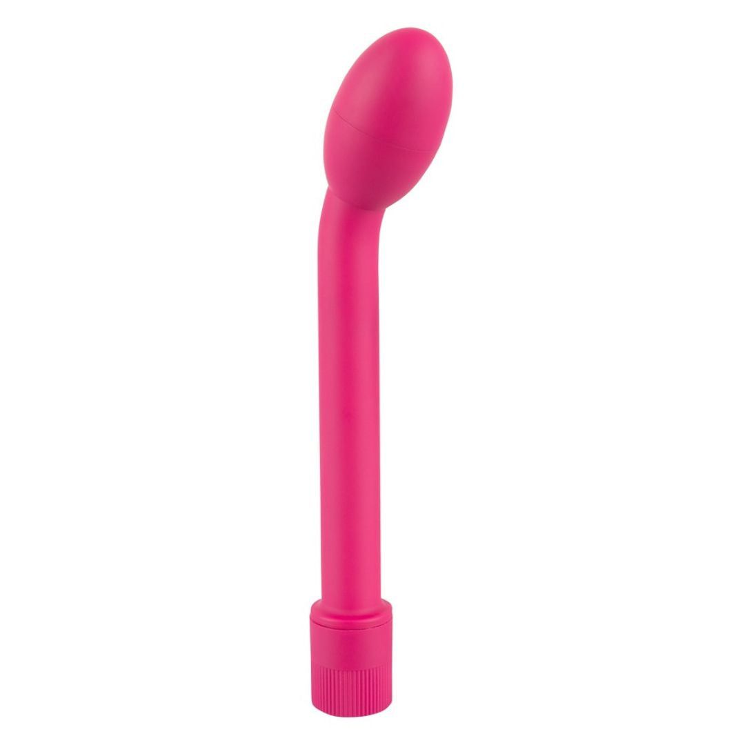 Vibrateur rose avec tête ovale et tige incurvée. Extrémité cannelée.