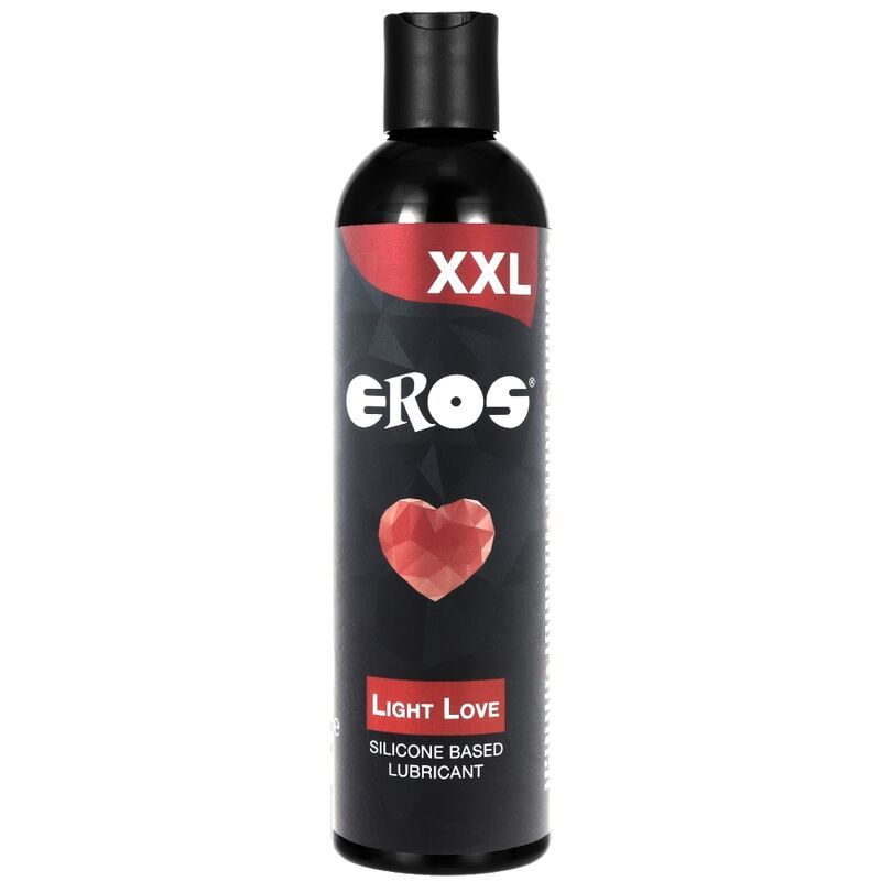 Flacon noir avec étiquette rouge, lubrifiant Eros XXL Light Love à base de silicone.