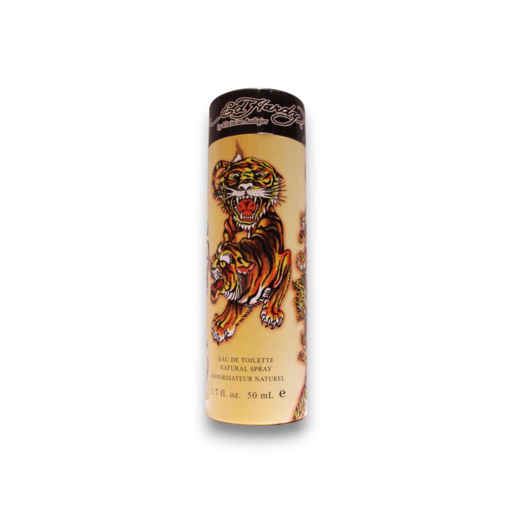 Emballage cylindrique avec illustration de tigre. Bouchon noir avec logo. Fond jaune. Texte: Ed Hardy, Eau de Toilette, Natural Spray.