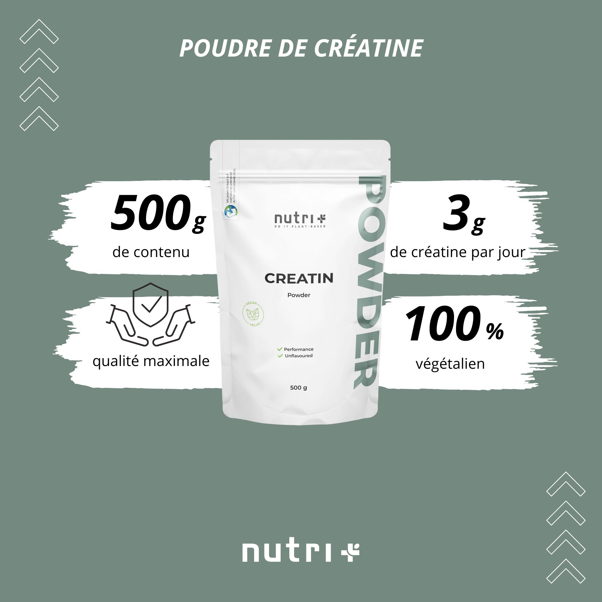 Graphique avec 'POUDRE DE CRÉATINE'. 500g contenu, 3g créatine par jour, 100% végétalien. 'Qualité maximale'. Logo 'nutri+'.