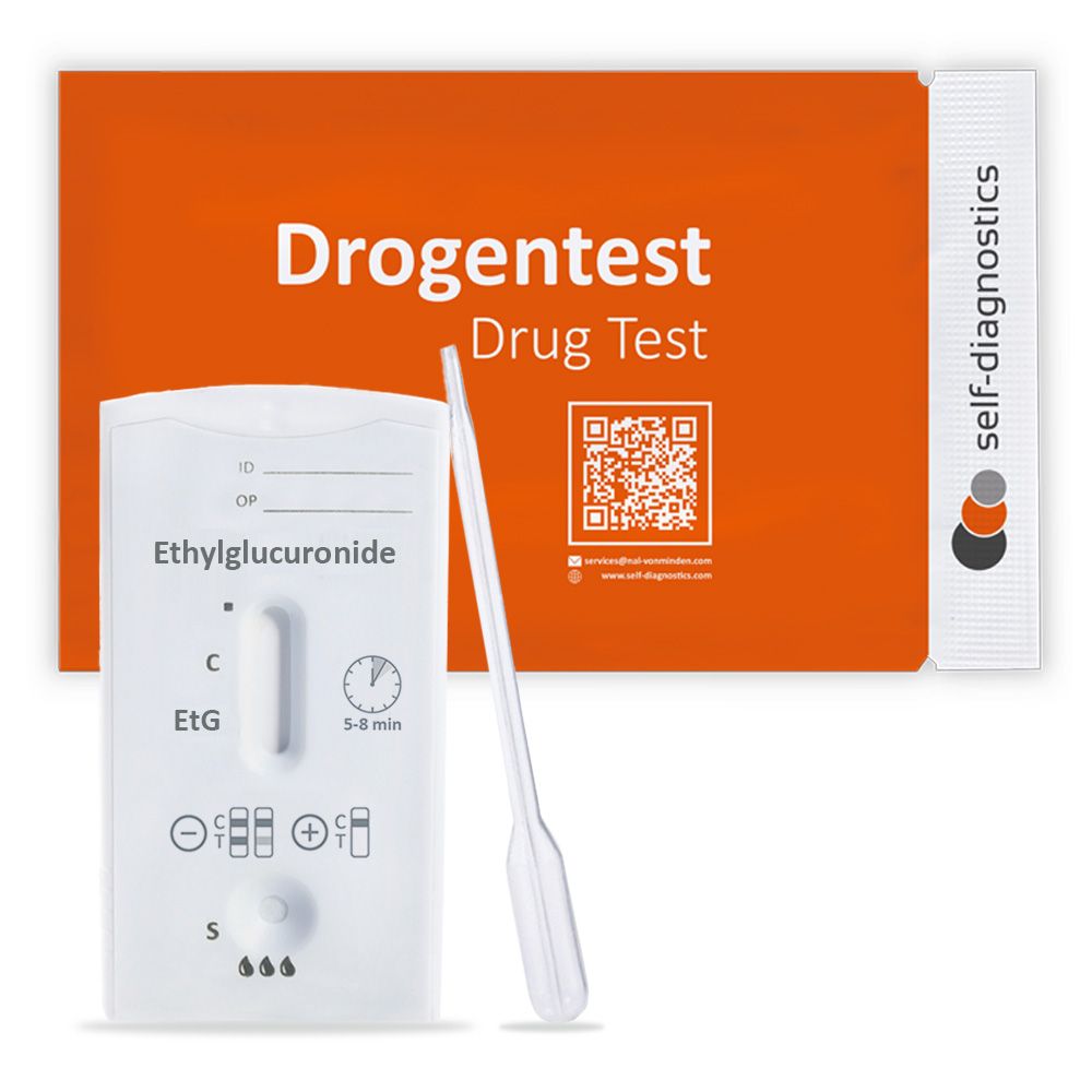 EtG-sneltest, teststrip en pipet. Bedrukte verpakking. self-diagnostics.