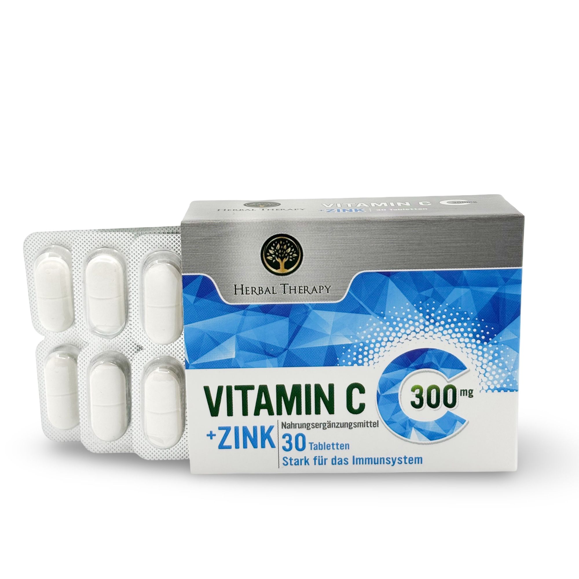 Verpakking "Herbal Therapy VITAMINE C 300 mg avec zinc" met tabletten in blisterverpakking. Witte tabletten zichtbaar.