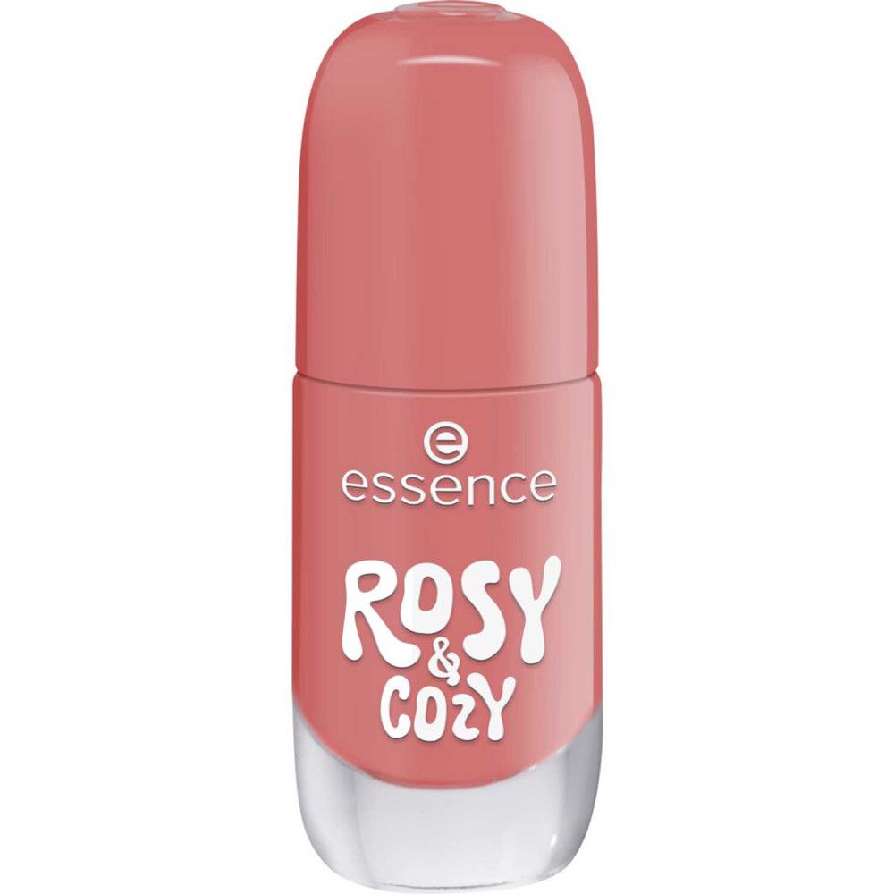 Flacon de vernis à ongles avec bouchon fermé. Vernis rose avec l'inscription "Rosy & Cozy". Marque : Essence.